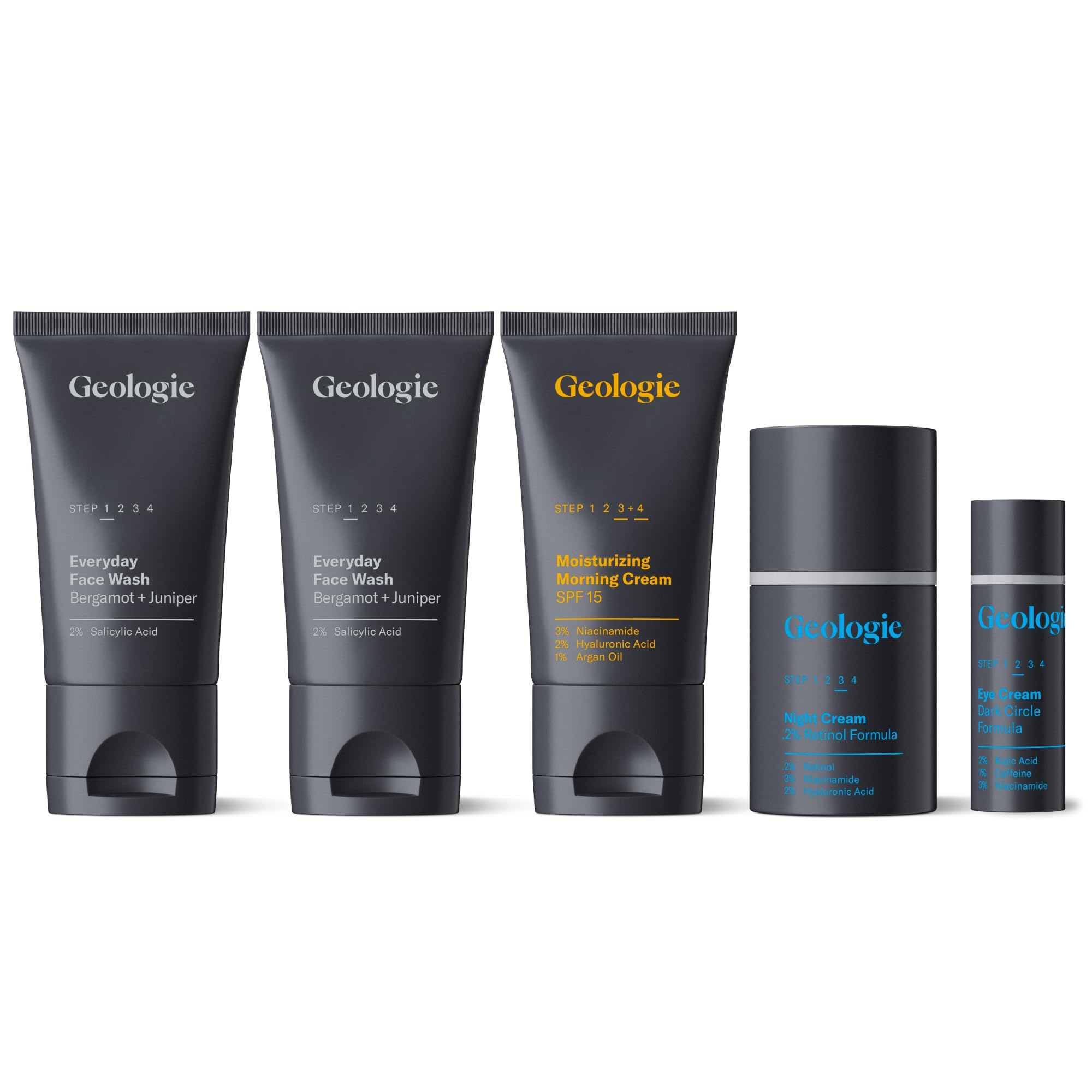 Geologie Complete Skincare Set for Men & Women - 3-Month Daily Routine for Clear Skin | Anti-Acne, Oil Control & Dark Spot Treatment | Includes Face Wash (2-Pack), Retinol Cream, SPF15 Moisturizer & Eye Cream | Perfect for Morning & Night Skincare Routine