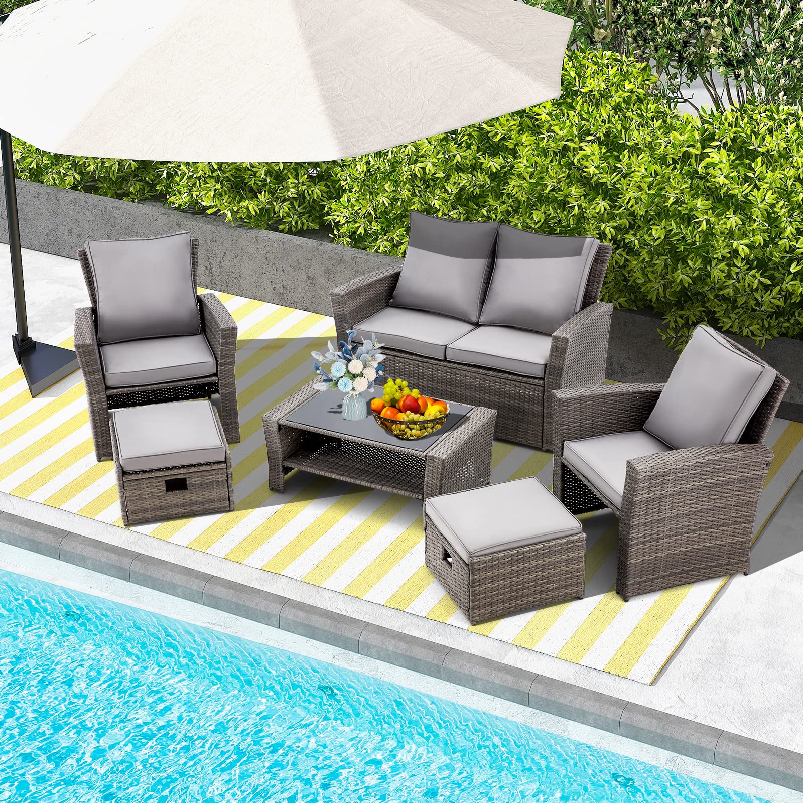GYUTEI 6-Piece Outdoor Patio Furniture Set - Dark Gray Rattan Sectional Sofa with Ottoman & Storage Table - Weather-Resistant Garden, Porch, Backyard Conversation Set for Relaxing & Entertaining