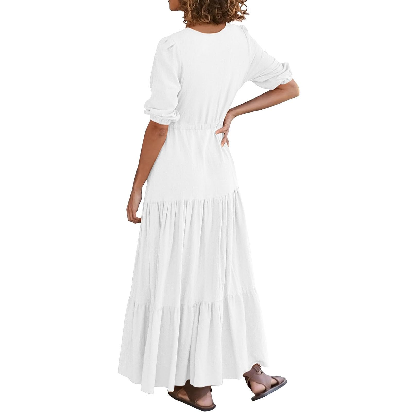 2024 Women's Tiered Maxi Dress - V Neck, Puff Sleeve, Belted Ruffle A-Line Flowy Sun Dress for Beach, Vacation & Summer Parties | Casual Boho Chic Dress for Outdoor Events, Date Night & Tropical Getaways