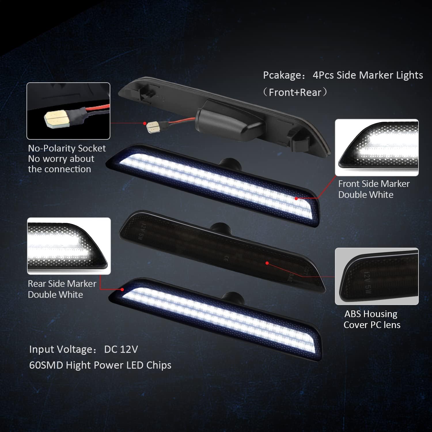 Bestview LED Side Marker Lights for Ford Mustang 2010-2014 - White Front & Rear Fender Lights with Smoked Lens - Driver & Passenger Side Bumper Lights (4-Pack) - Perfect for Night Driving & Car Customization