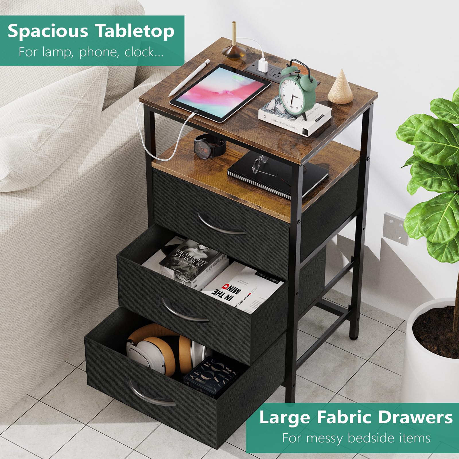 Modern Nightstand with Charging Station - USB Ports & Outlets, LED Bedside Table with 3 Fabric Drawers & Storage Shelf - Stylish End Table for Bedroom (Black & Brown) - Perfect for Small Spaces, Apartments & Guest Rooms