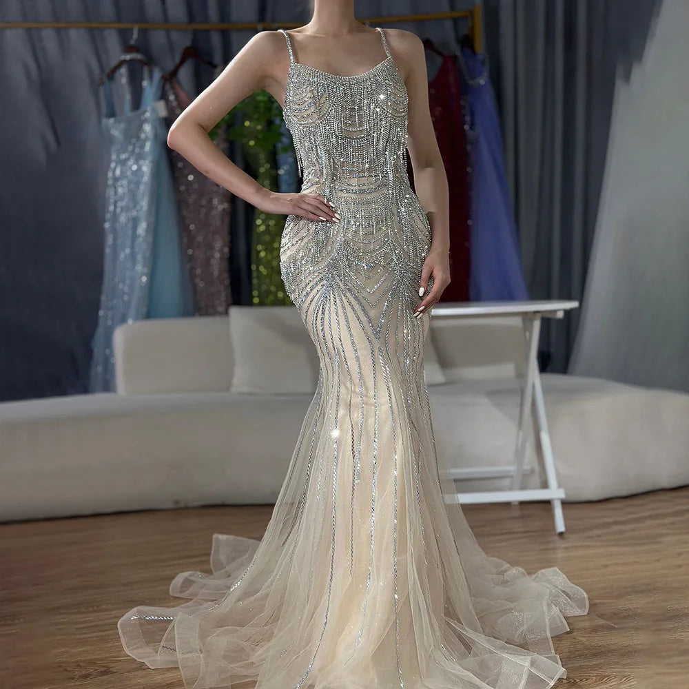 Elegant Silver Nude Spaghetti Strap Mermaid Evening Gown with Beaded Tassels - Dubai Luxury Formal Dress for Prom, Gala & Special Occasions - LA72772