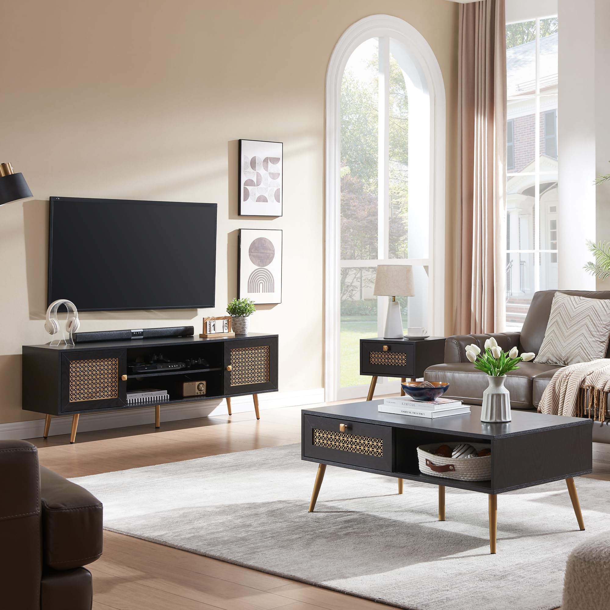Mid Century Modern TV Stand for 65 Inch TV - Entertainment Center with Storage & Metal Mesh Cabinet Doors - Black Living Room Furniture for Home Theater Setup