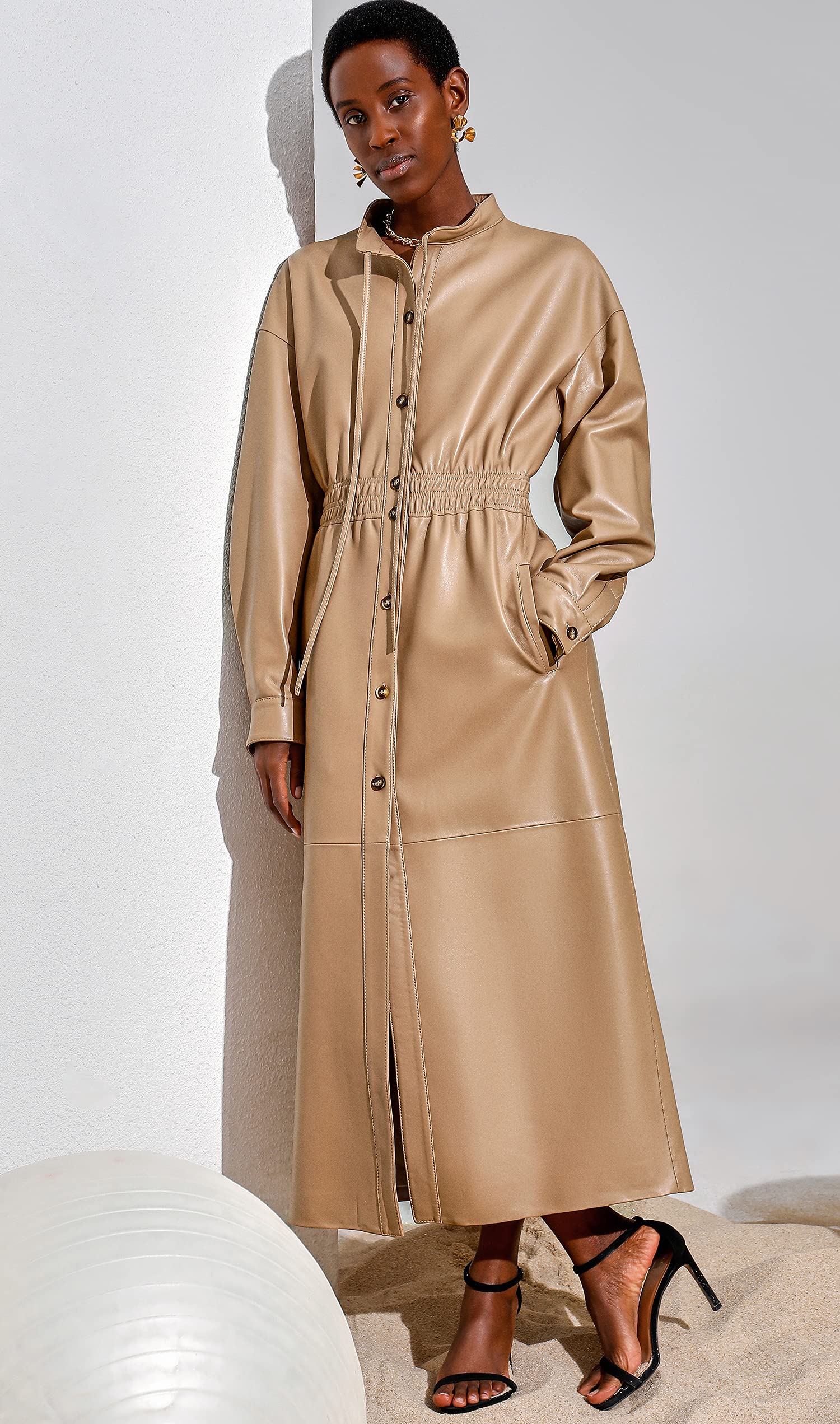 Women's Genuine Leather Long Trench Coat - Slim Fit Stand Collar Maxi Dress Coat in Camel | SmartUniverseWear | Perfect for Office, Evening Out & Fall Fashion