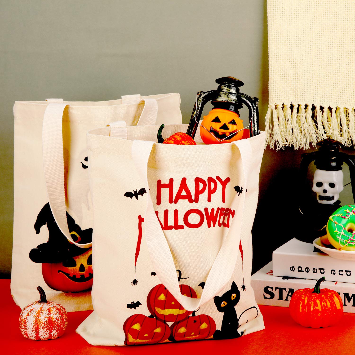 WeeWooday 2-Pack Halloween Tote Bags - Reusable Canvas Grocery Shopping Bags with Pumpkin Print for Trick or Treat, Halloween Parties, Fall Decor & Everyday Use