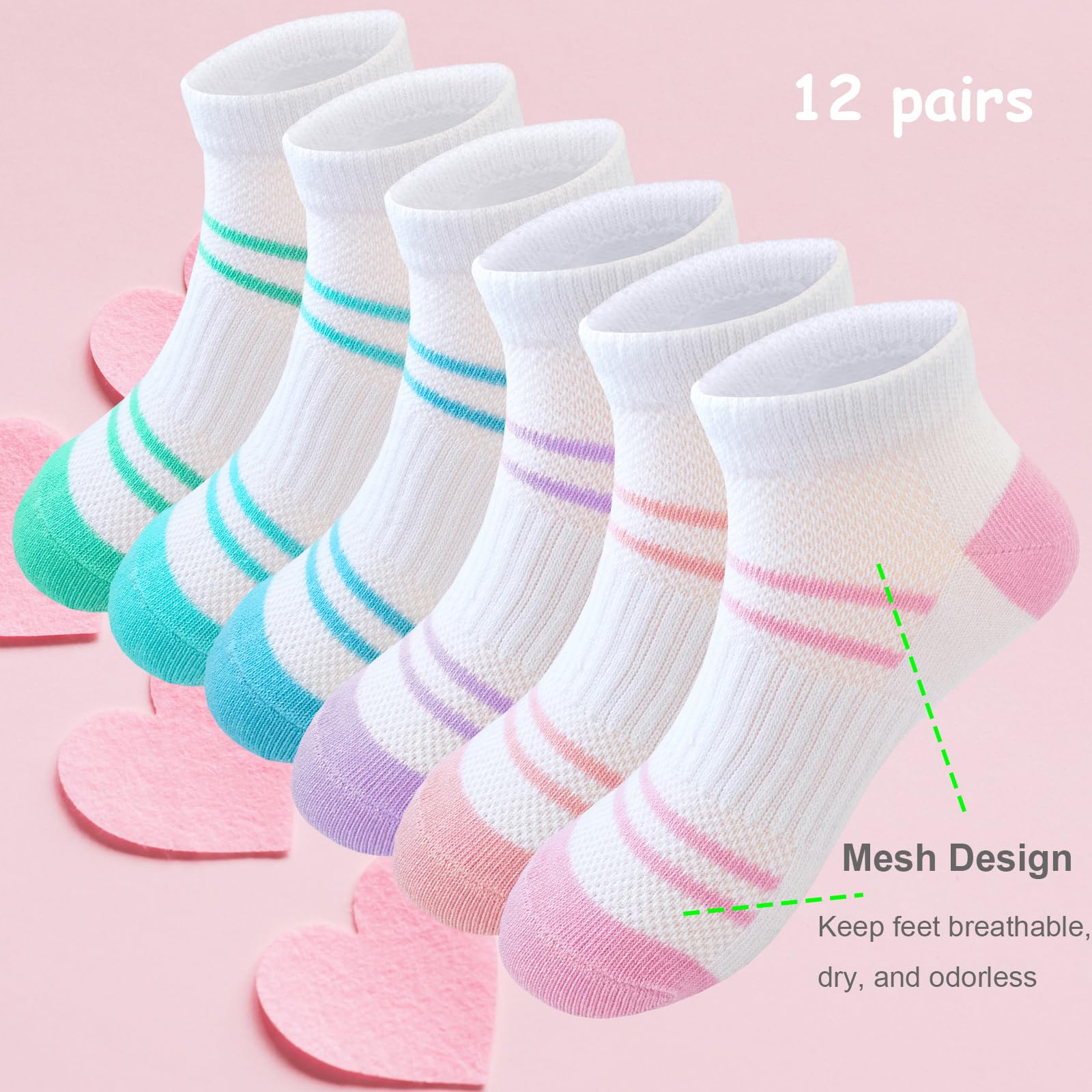 Bemeol 12 Pairs Girls Athletic Socks - Low Cut Ankle Sports Socks for Kids, Soft Cotton Breathable Socks - Perfect for Running, School, Gym & Daily Wear