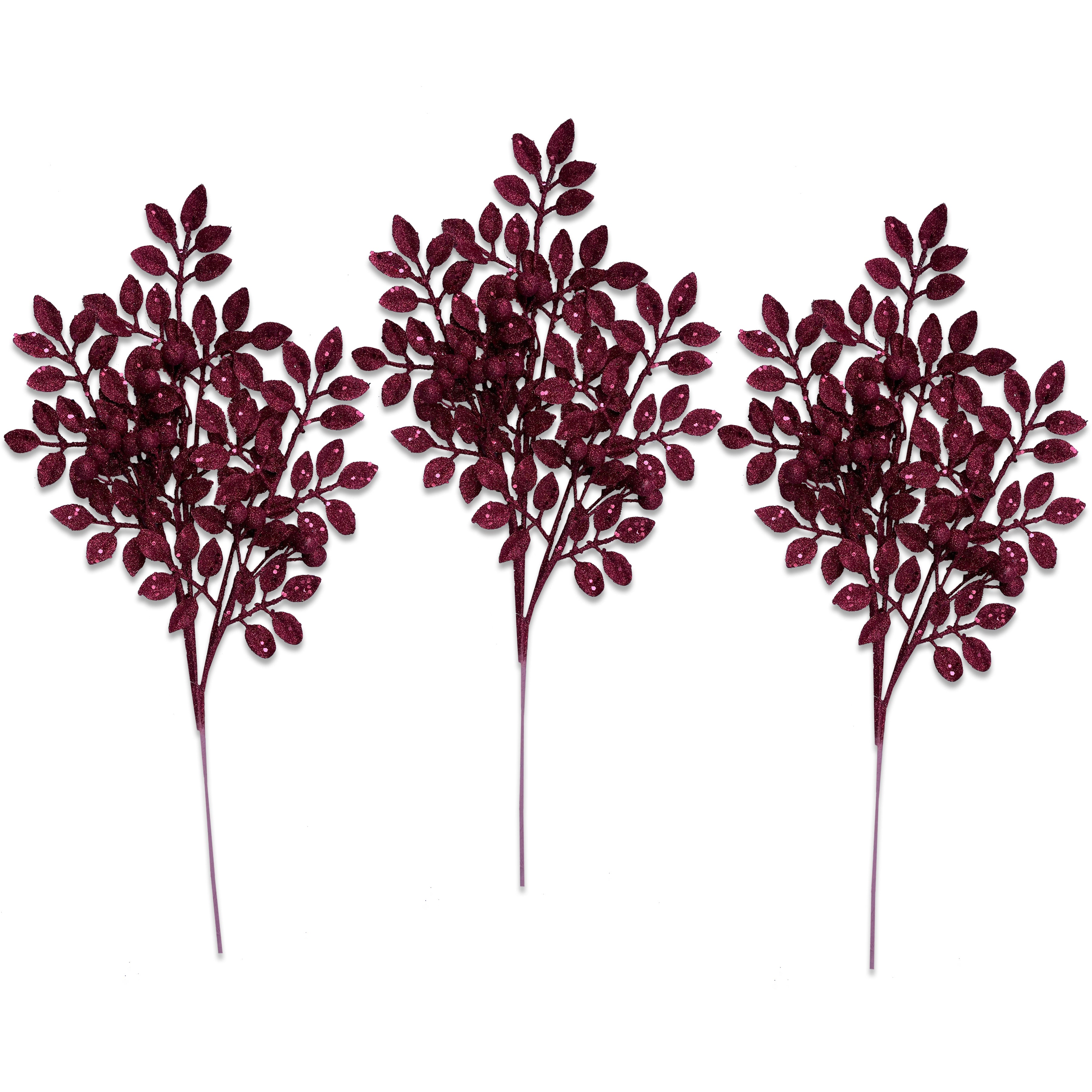 3 Pack Hot Pink Leaf Clustered Glitter Picks for Floral Arrangements, Wedding Bouquets, DIY Crafts and Home Decor