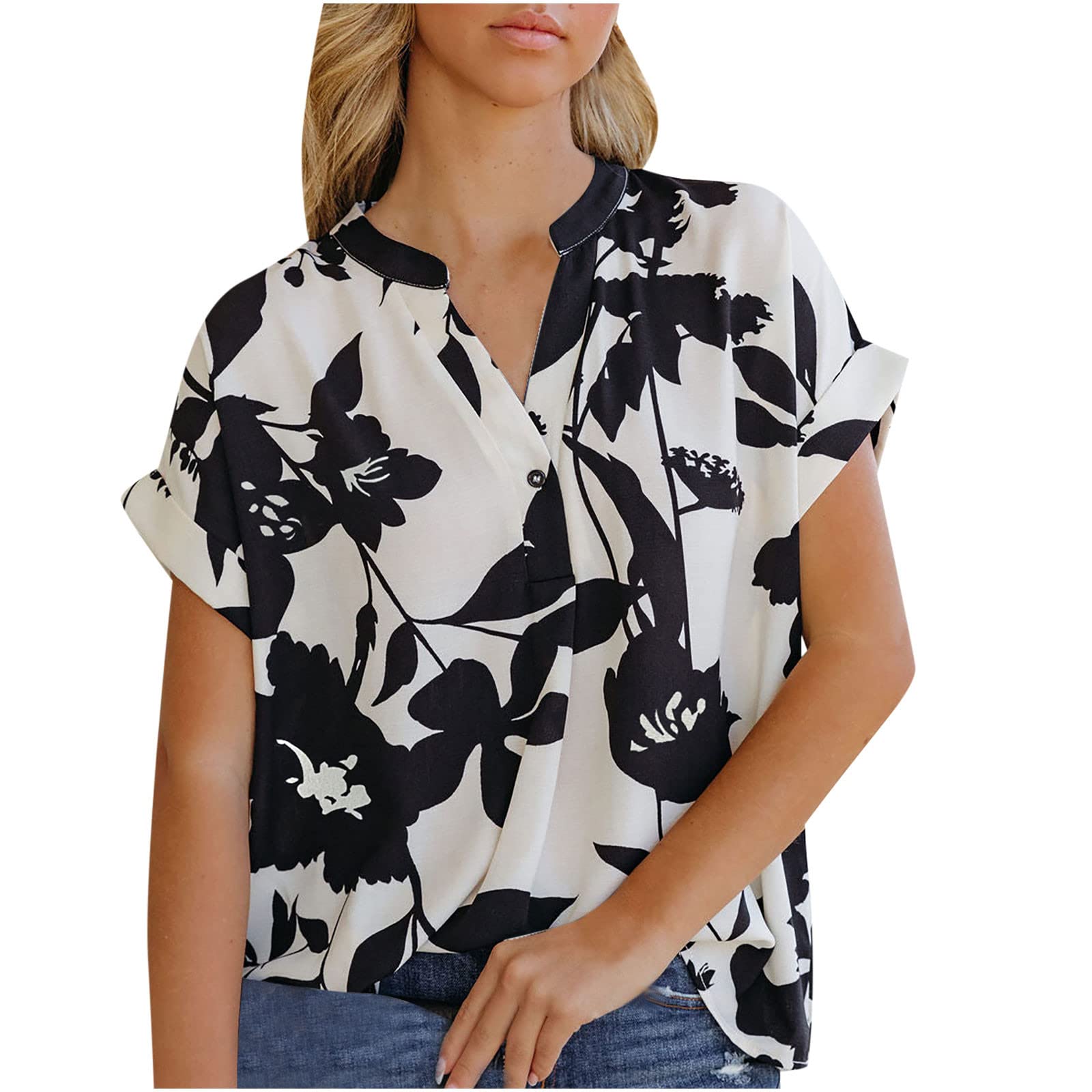 Women's Floral Print Chiffon Blouse - V Neck Short Sleeve Button Down Top - Lightweight Loose Fit Casual Tee for Summer - Perfect for Office, Date Night & Beach Vacations