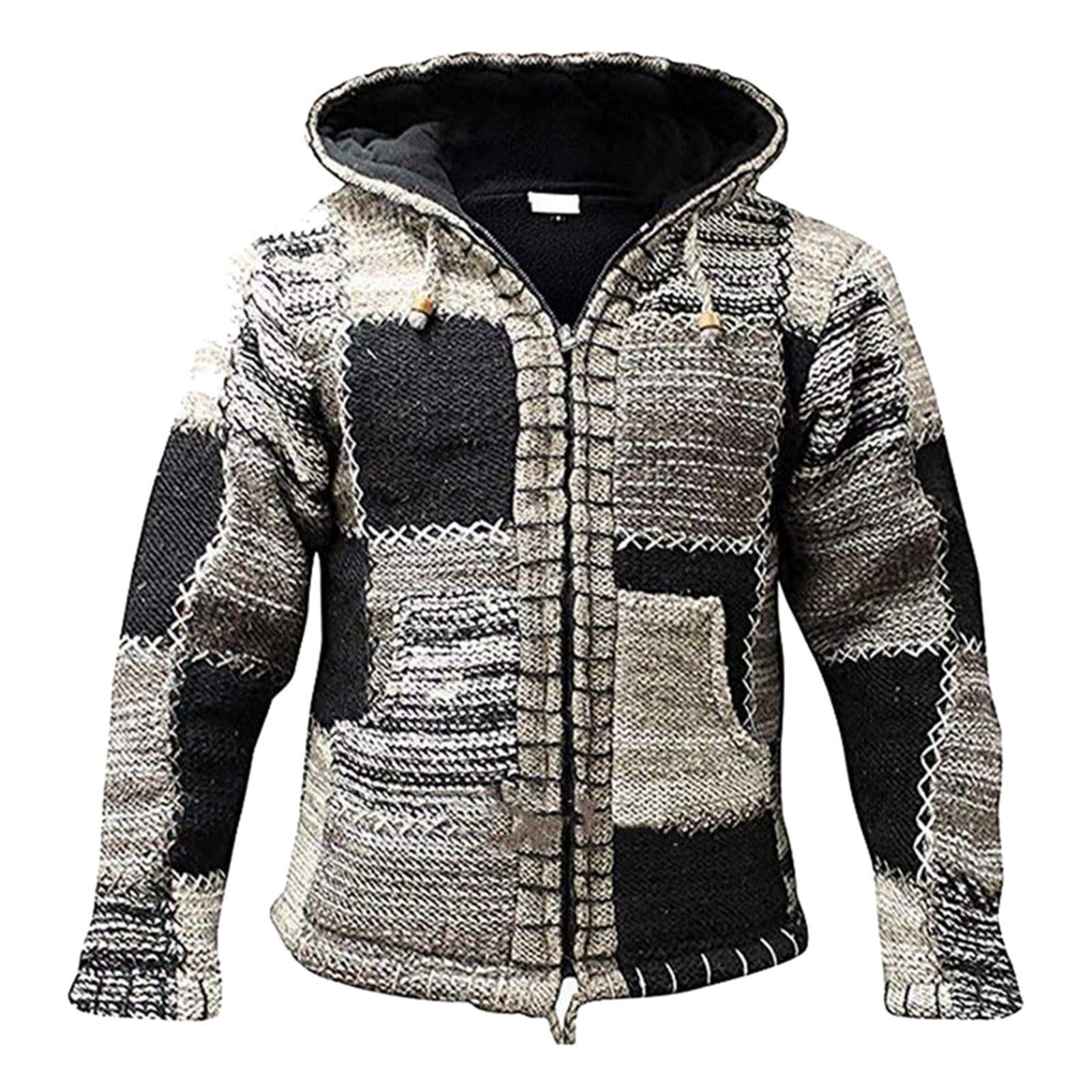 Men's Tealun Hooded Cardigan Sweater Jacket - Autumn Patchwork Knit Outwear with Patch Hood - Cozy Fall Layering for Casual Wear & Outdoor Activities