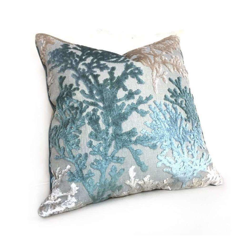 Lahaina Coral Reef Cut Velvet Pillow Cover - Seafoam Green & Beige Decorative Throw Pillow Case for Sofa, Bedroom & Living Room Decor