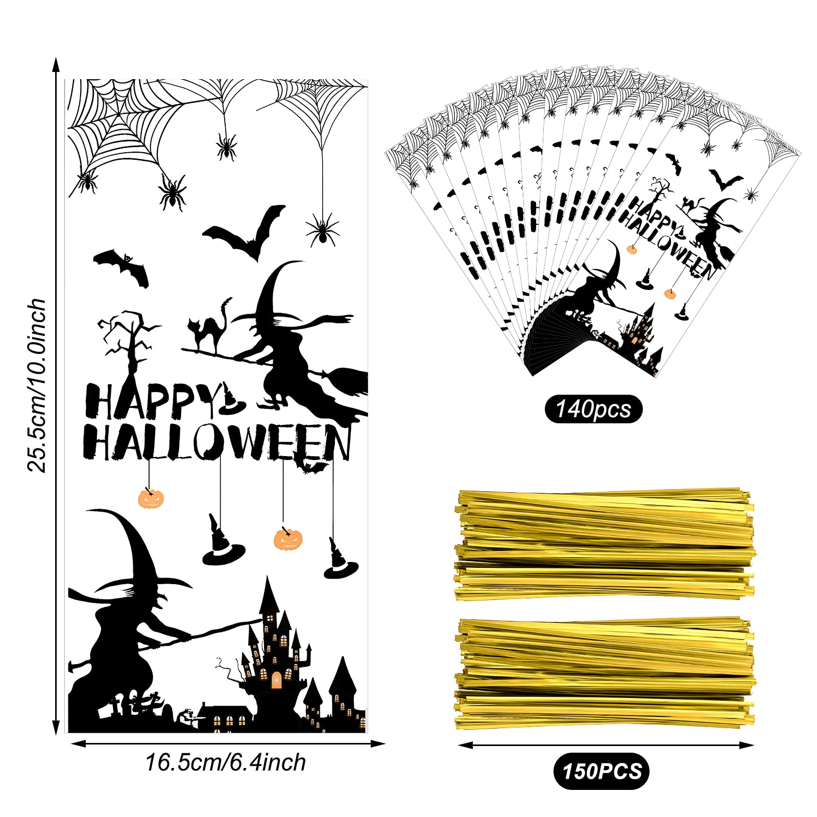 Zonon 140-Piece Halloween Treat Bags - Bulk Clear Plastic Candy Favor Bags with 150 Twist Ties for Halloween Party Supplies | Perfect for Trick-or-Treating, Classroom Treats & Party Favors
