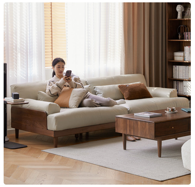 Premium Black Walnut & Oak Solid Wood Leather Recliner Sofa - Luxurious Comfort for Living Room, Lounge & Home Theater