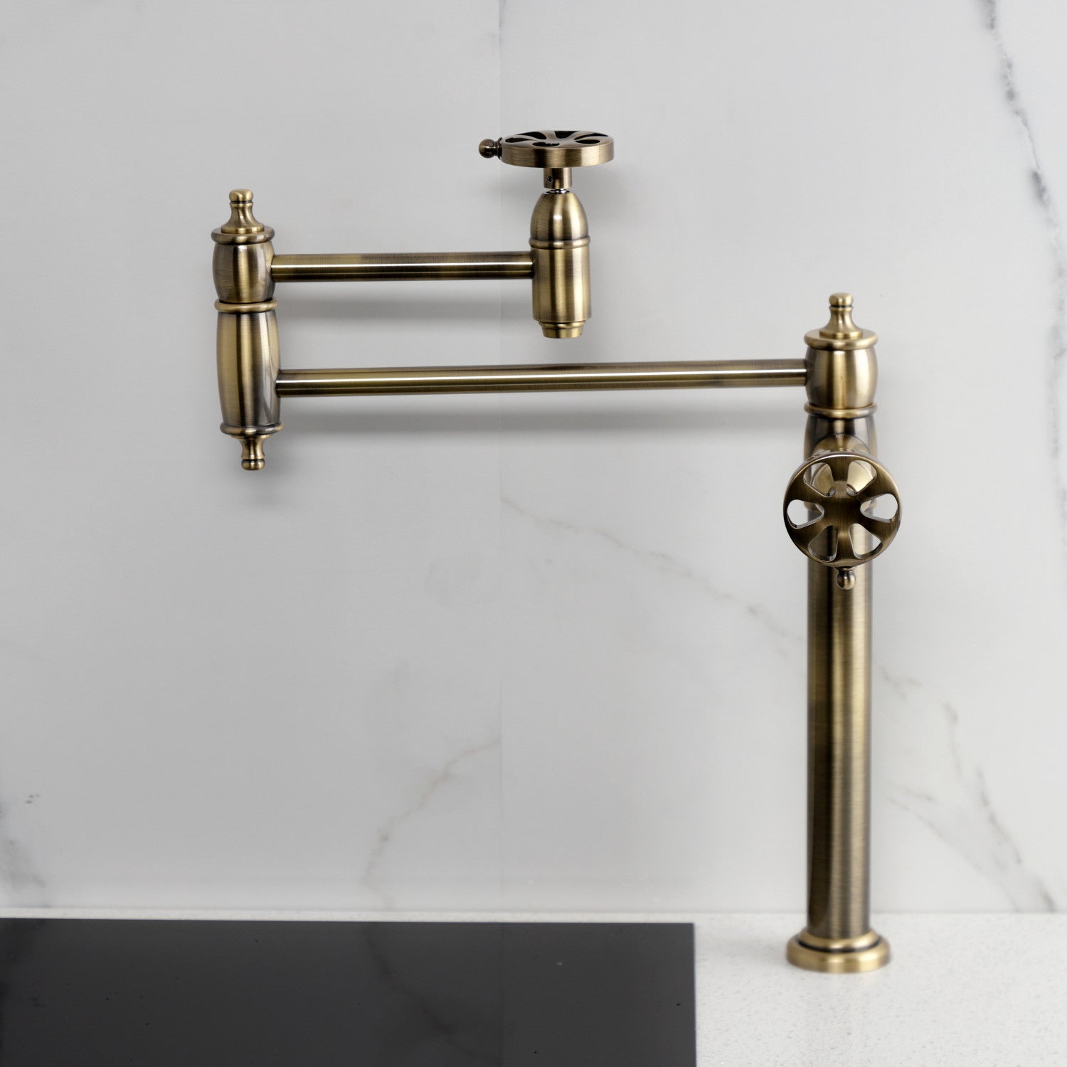 Belknap KS3703RX Two Handle Deck Mount Pot Filler Faucet in Antique Brass - Perfect for Kitchen Sink, Stove & Cooking Area