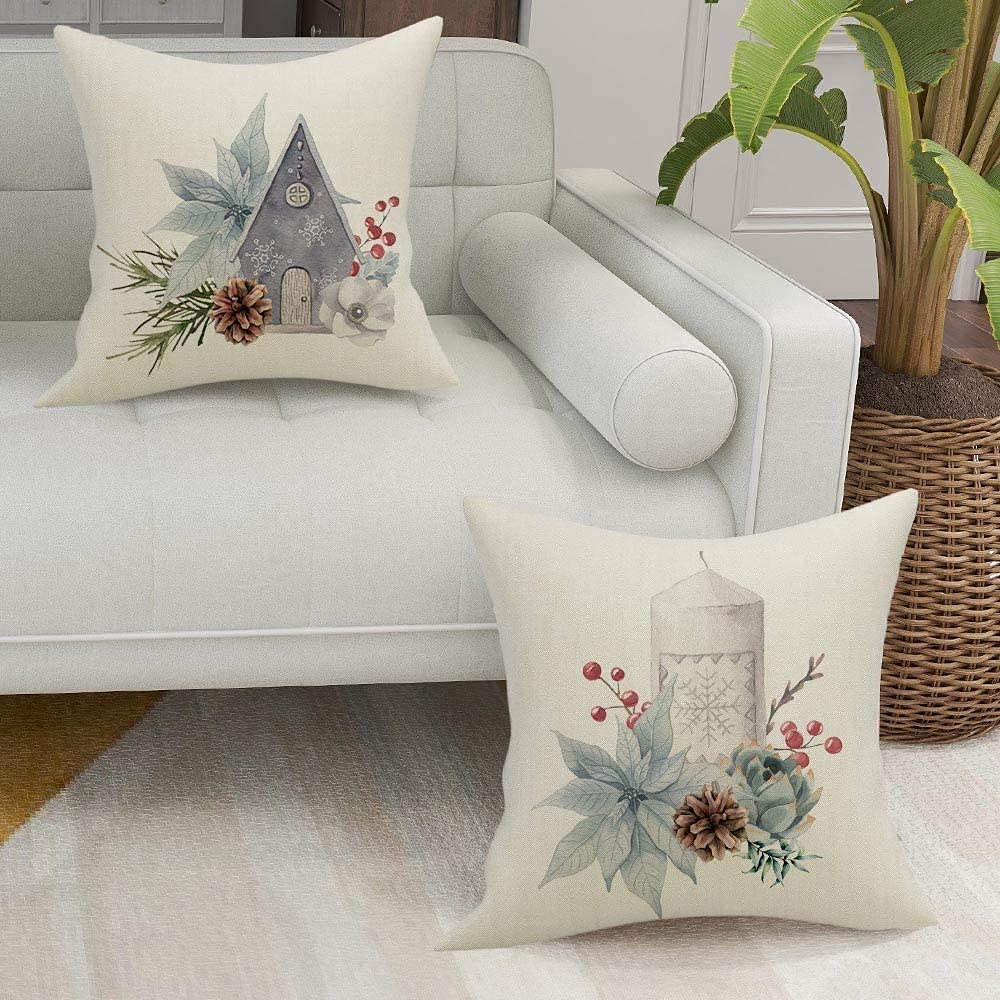 16x16 Inch Christmas Pillow Covers Set of 4 - Farmhouse Holiday Decor with Candy Garland Print - Cozy Winter Throw Pillow Cases for Sofa, Bed & Home Decor (Xmas Decorative Cushion Covers)