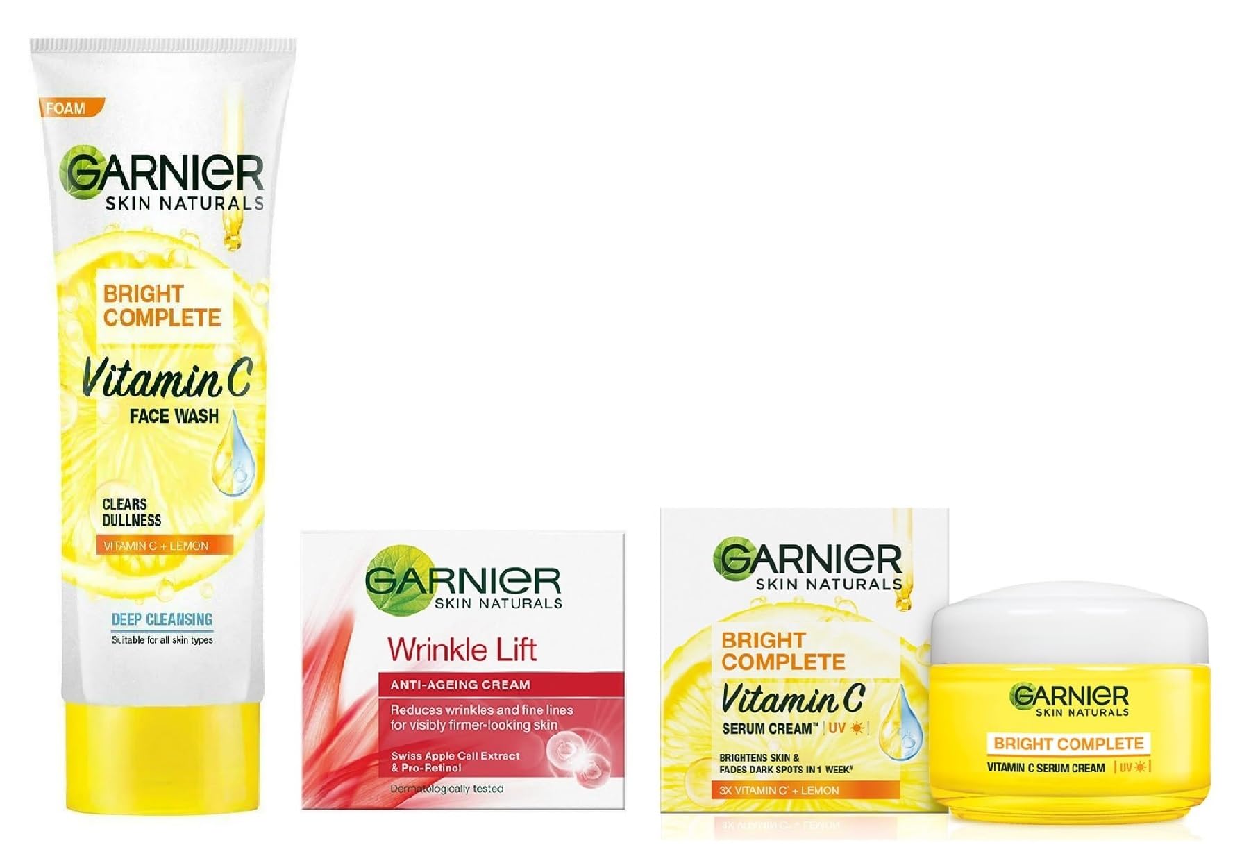 Garnier Skin Naturals Anti-Aging Cream 18g + Bright Complete Vitamin C UV Serum 23g + Vitamin C Foam Face Wash 100g - 3-Piece Skincare Set for Wrinkles, Moisturizing & Brightening | Day & Night Routine, Anti-Aging Care, Glowing Skin Treatment