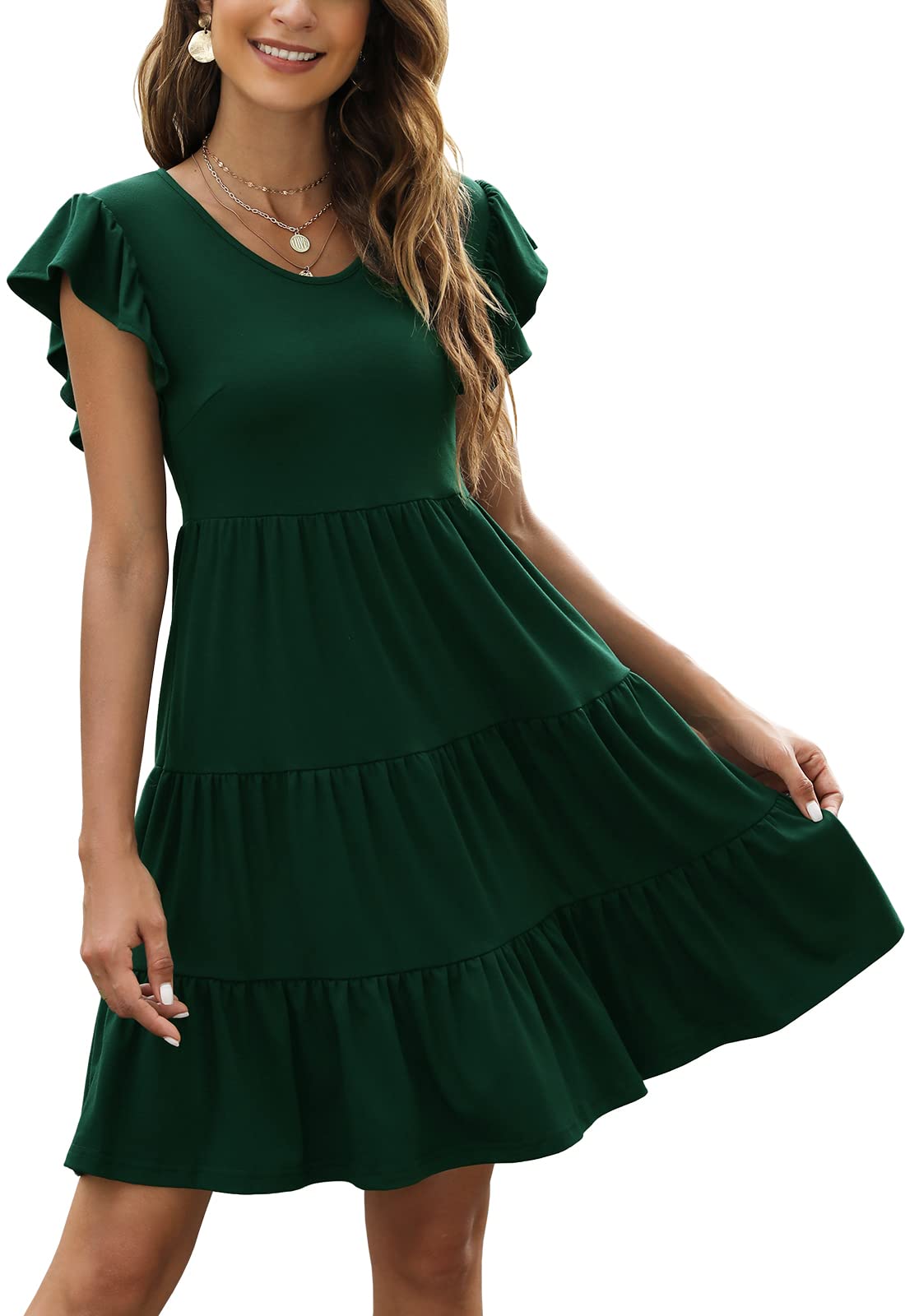 Lyrur Women's Summer Dress - Cute Ruffle Sleeve Mini Cotton Flowy Tiered Boho Sundress for Beach, Vacation & Casual Wear | Black
