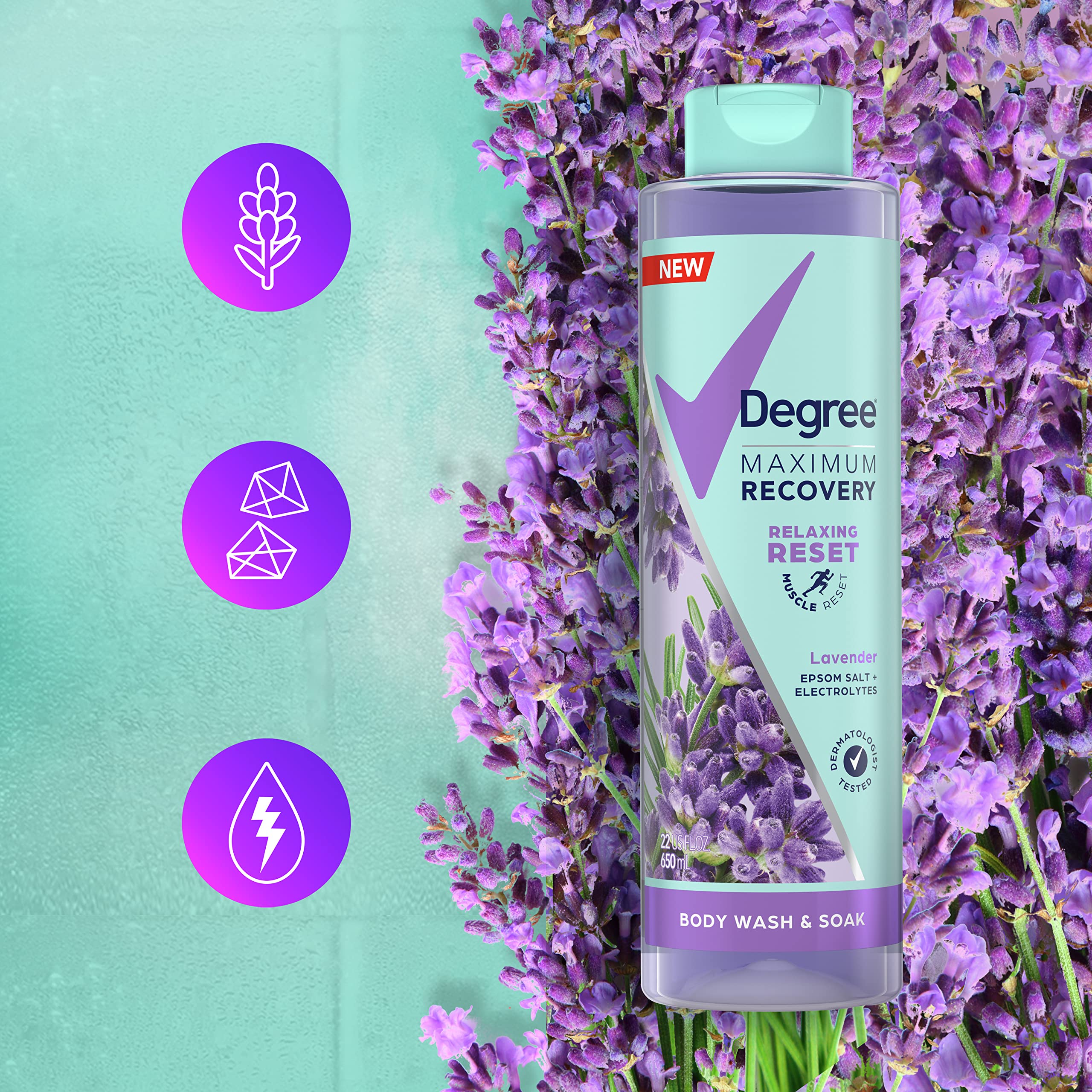 Degree Maximum Recovery Body Wash & Soak - Post-Workout Skincare with Lavender Extract, Epsom Salt & Electrolytes - 22 Fl Oz (Pack of 4) - Ideal for Muscle Recovery, Relaxation & Detox After Gym, Yoga or Sports
