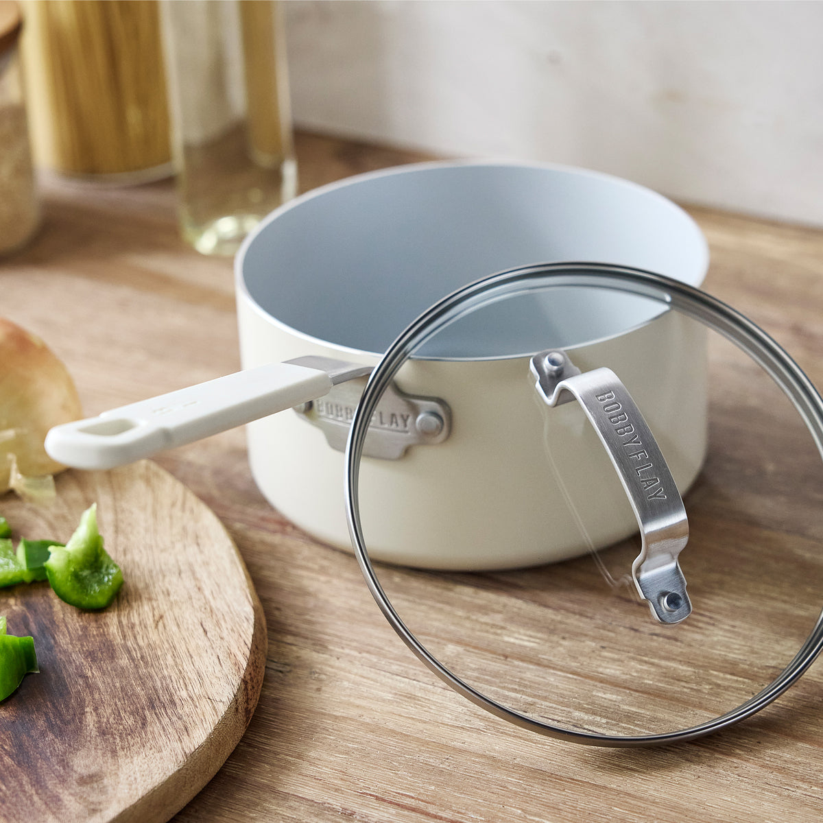 Bobby Flay by GreenPan Professional Ceramic Nonstick 2.53 Quart Saucepan with Lid - Cream | Healthy Cooking, Sauce Making, Pasta & Rice Preparation | Oven & Dishwasher Safe