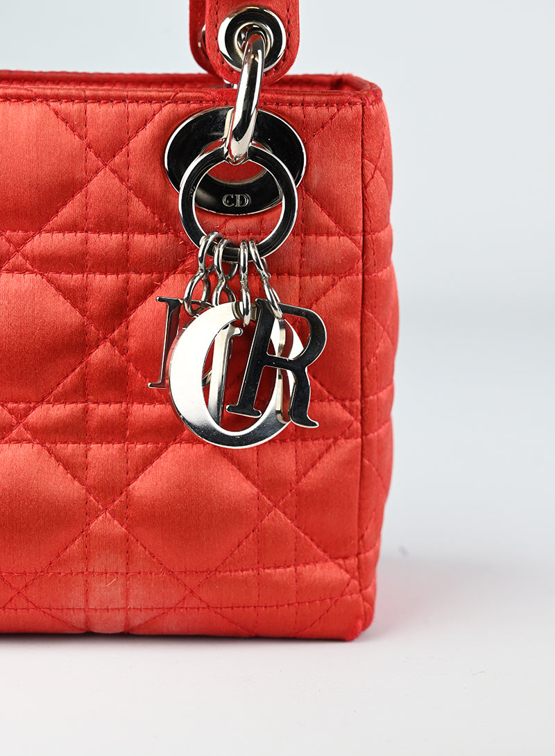 Dior Lady Dior Mini Coral Satin Handbag - Luxury Crossbody Bag for Women, Perfect for Evening Parties & Special Occasions