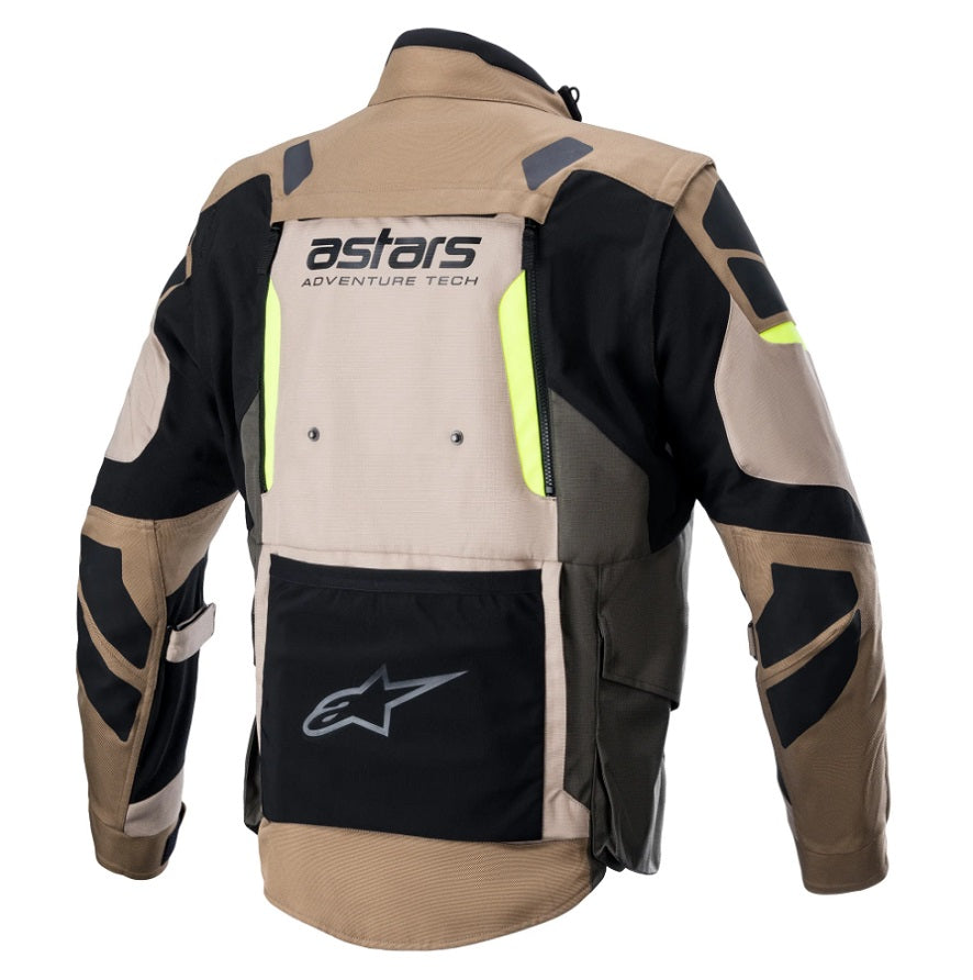 Alpinestars Halo Drystar Motorcycle Jacket for Men - Waterproof, Windproof Riding Gear in Dark Khaki/Sand Yellow Fluo - Ideal for Adventure Touring and Commuting