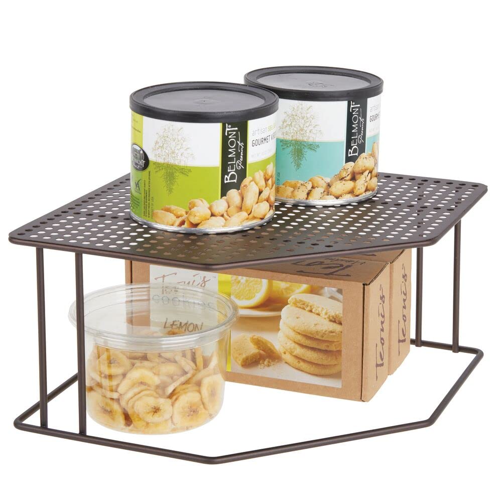 Rustic Metal Corner Shelf - 2 Tier Kitchen Storage Organizer for Cabinet, Pantry, Countertop - Holds Dishes, Spices, Canned Goods - Bronze Finish - Perfect for Small Kitchen Organization & Space Saving Storage Solution