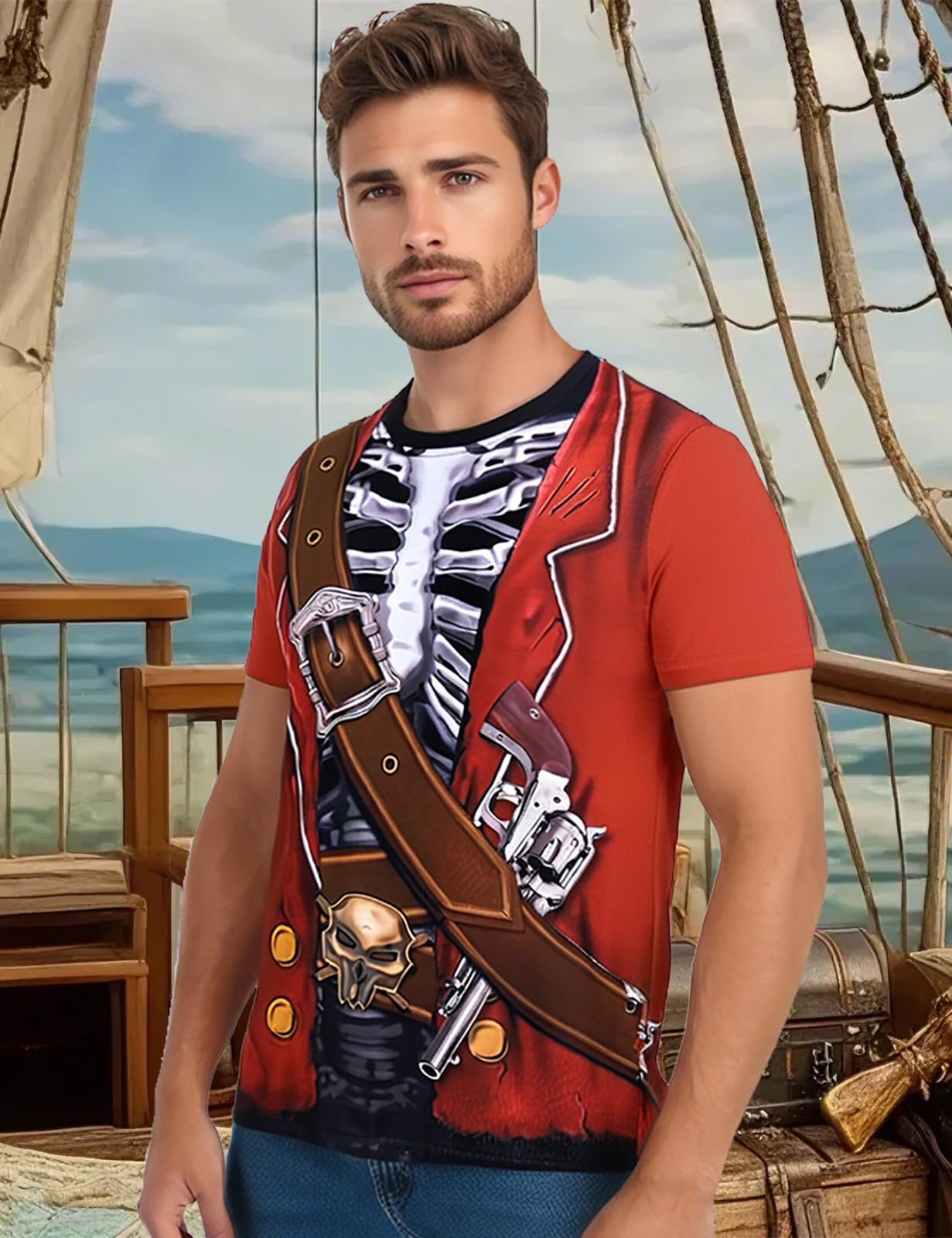 Funny Pirate Graphic T-Shirt for Men - Short Sleeve Halloween Costume & Pirate Party Outfit - Perfect for Halloween, Cosplay, Pirate Themed Events and Casual Wear