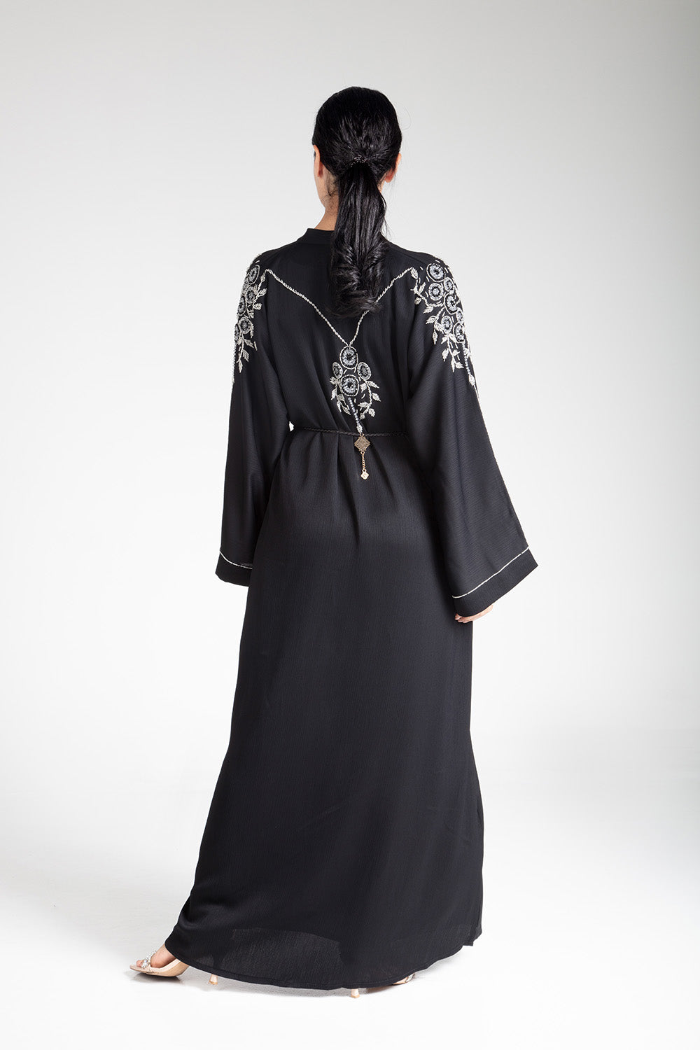 Elegant Black Floral Open Abaya for Women - Modest Muslim Prayer Dress, Evening Wear & Special Occasions