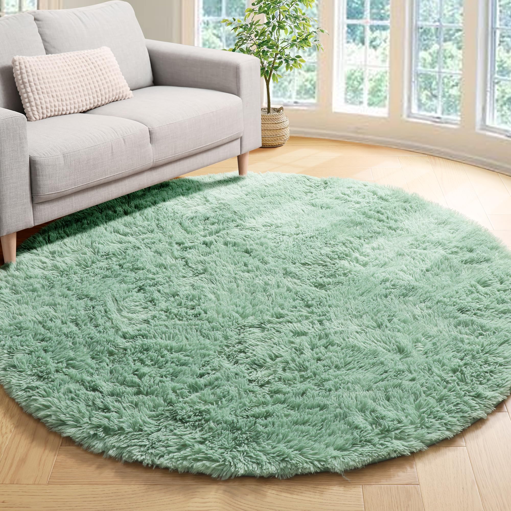 ONASAR 4ft Sage Green Round Area Rug - Soft Plush Shaggy Circle Carpet for Kids Bedroom, Nursery, Playroom & Living Room Decor | Cozy Floor Mat for Princess Castle Theme, Teen Girls Room & Home Decor