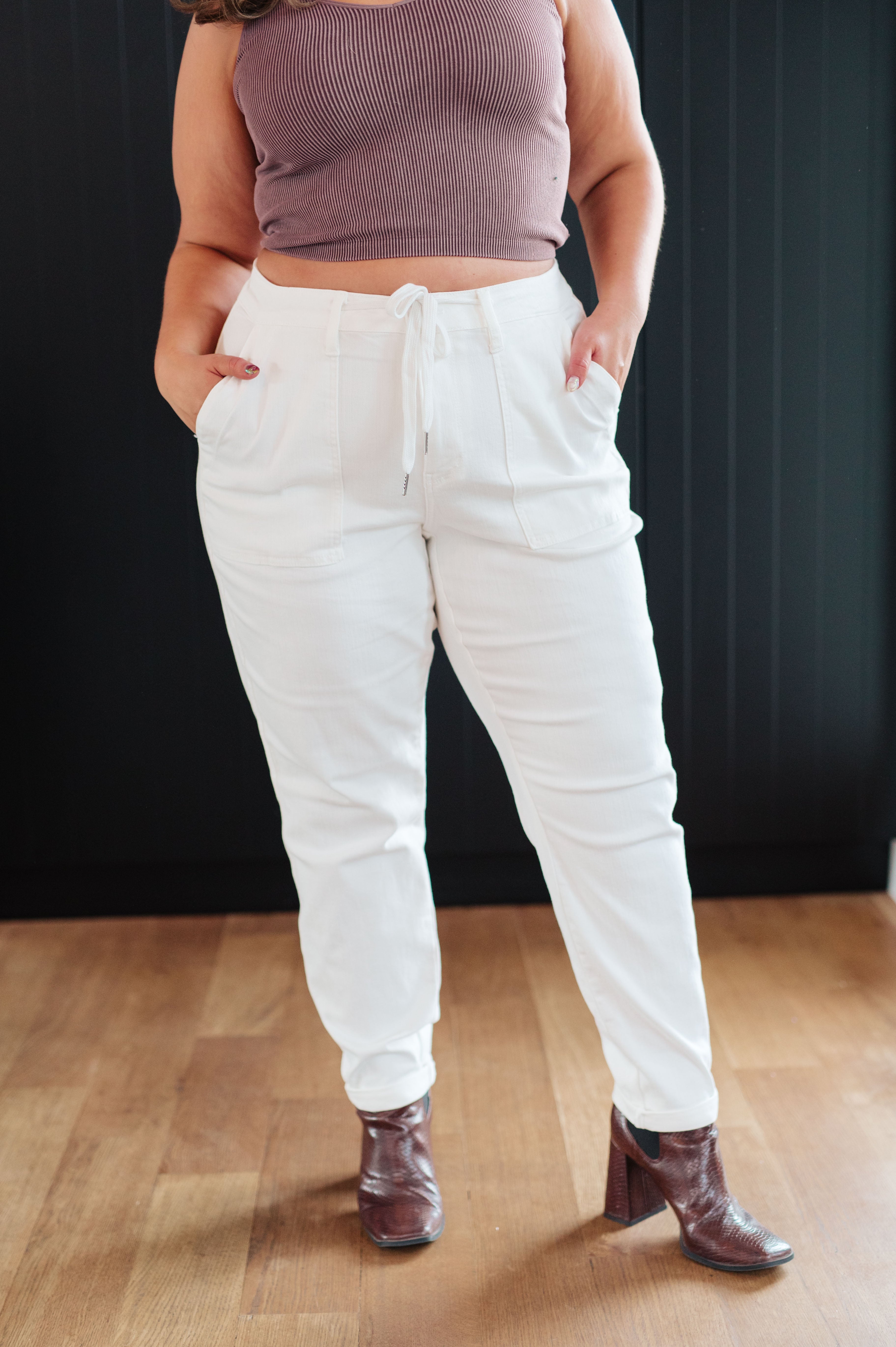 Judy Blue Women's Ecru Charlene High Rise Jogger Pants - Comfortable Stretch Yoga Lounge Pants for Casual Wear, Workout & Home Relaxation