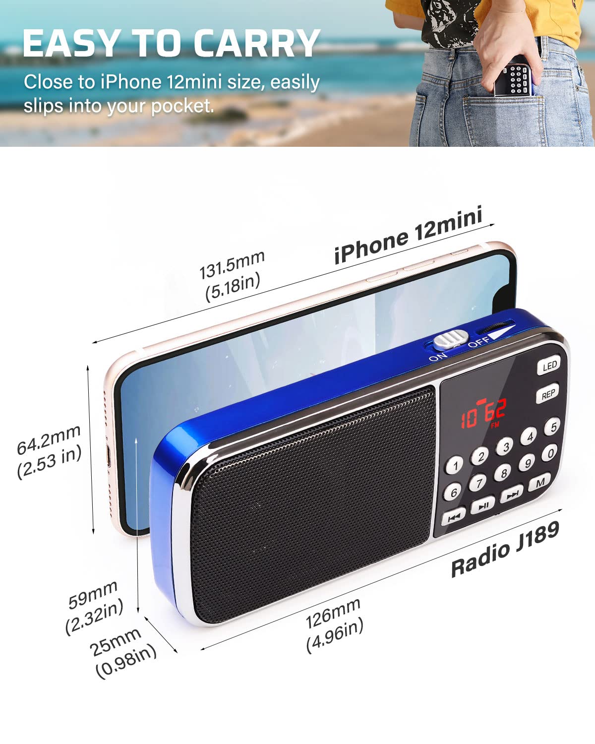 PRUNUS J-189 Portable AM/FM Bluetooth Radio with Dual Speakers, Heavy Bass, LED Flashlight, TF Card Slot, USB/AUX Input, MP3 Player - Rechargeable Battery Operated (Blue) - Perfect for Camping, Emergencies & Outdoor Adventures