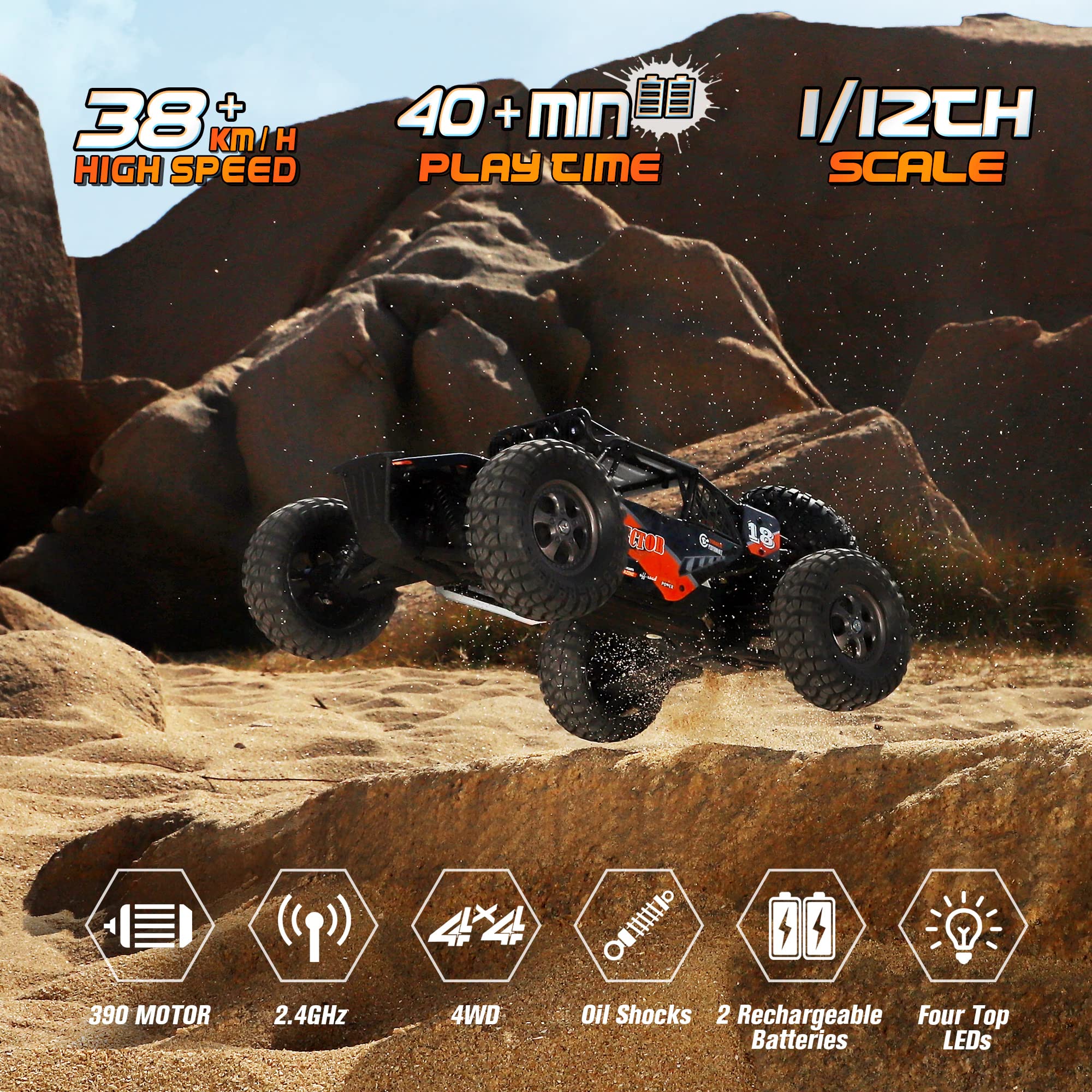 HAIBOXING 1:12 Scale 4x4 RC Car - 38+ KM/H High Speed Remote Control Truck, 2.4G All-Terrain Off-Road Vehicle with 2 Rechargeable Batteries (40+ Min Playtime) - Perfect Gift for Boys & Adults - Ideal for Outdoor Racing, Backyard Adventures and Off-Road Fun