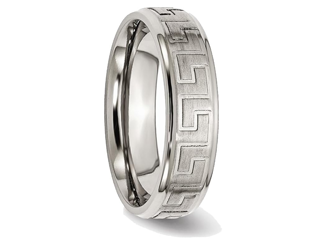 Men's 6mm Titanium Wedding Band Ring - Greek Key Design, Satin Polish Finish for Comfort & Durability | Perfect for Engagement, Anniversary & Everyday Wear