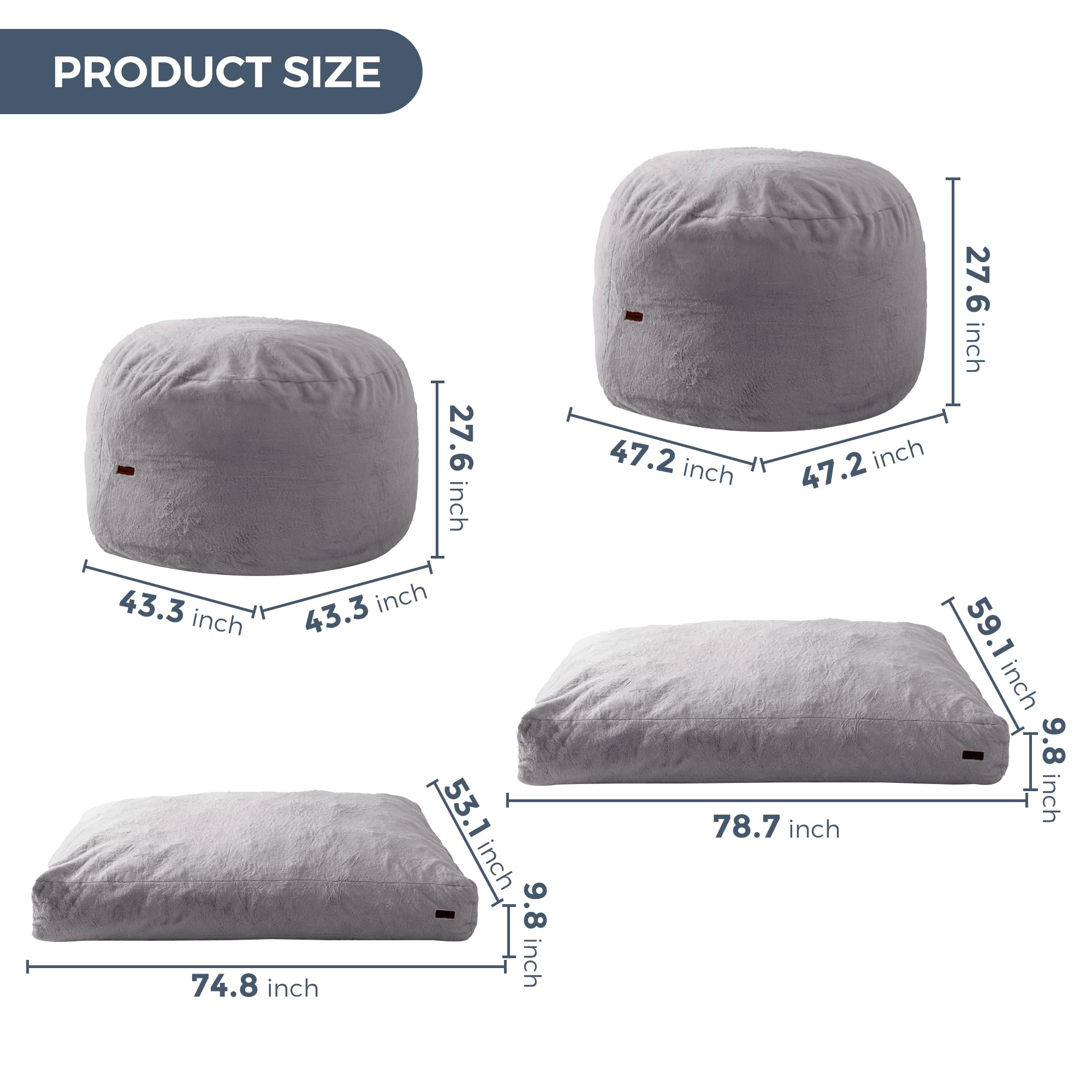 MAXYOYO Giant Bean Bag Chair - Faux Fur Convertible Sofa Bed, Transforms from Lounge Chair to Floor Mattress (Light Grey) | Perfect for Living Room, Bedroom, Dorm & Game Room Relaxation