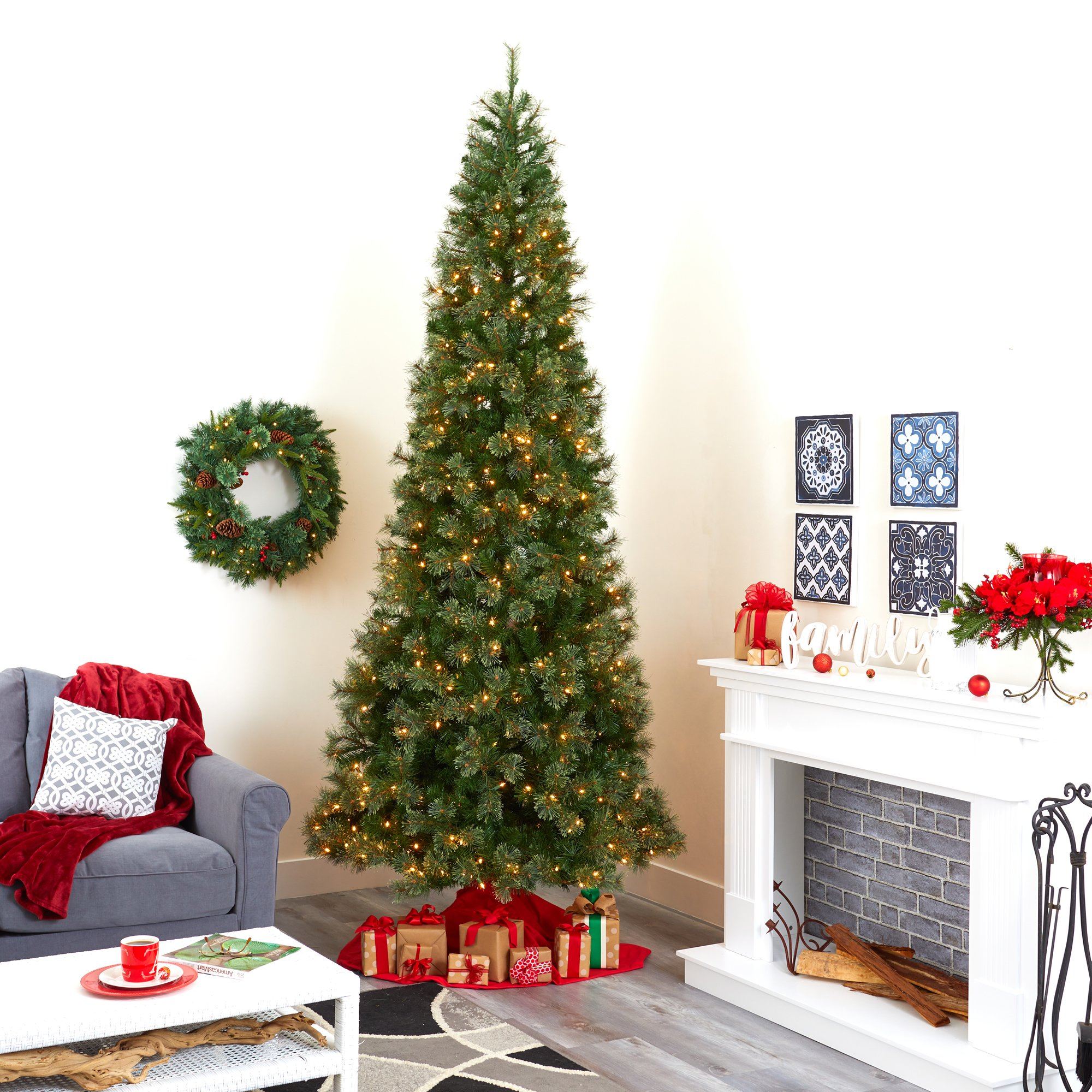 10' Premium Cashmere Slim Artificial Christmas Tree with 750 Warm White LED Lights & 1908 Bendable Branches - Perfect for Living Room, Office, and Holiday Decorations