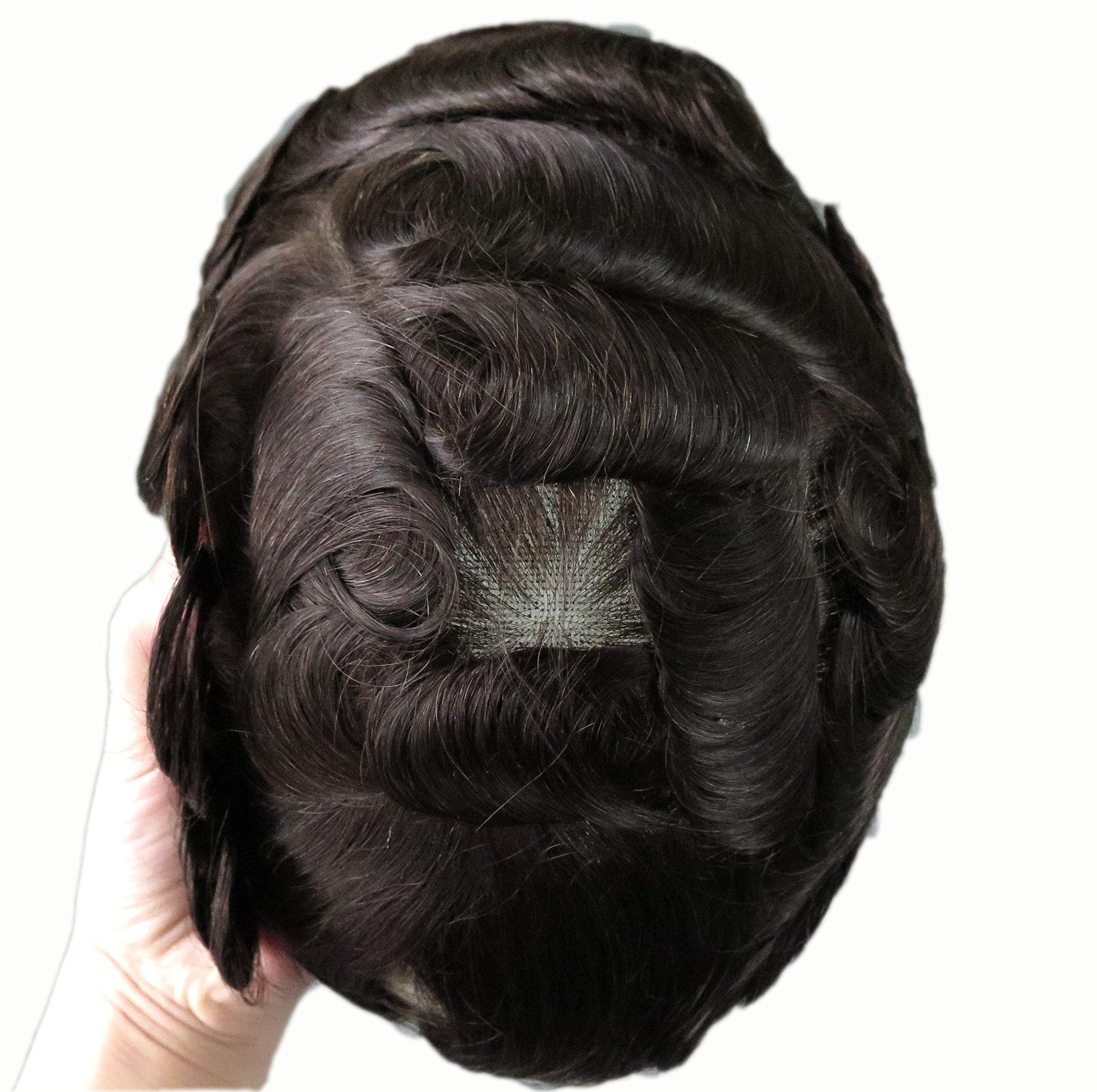 Natural Men's Toupee - Soft Swiss Lace Human Hair Replacement System - Dark Brown Real Hair #2 - Comfortable & Undetectable Hairpiece for Daily Wear & Special Occasions