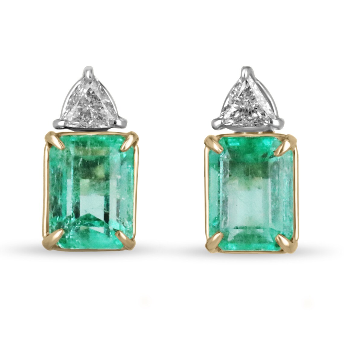18K White Gold Colombian Emerald and Diamond Stud Earrings - 6.73tcw Emerald Cut & Trillion Accent - Elegant Jewelry for Weddings, Parties & Special Occasions