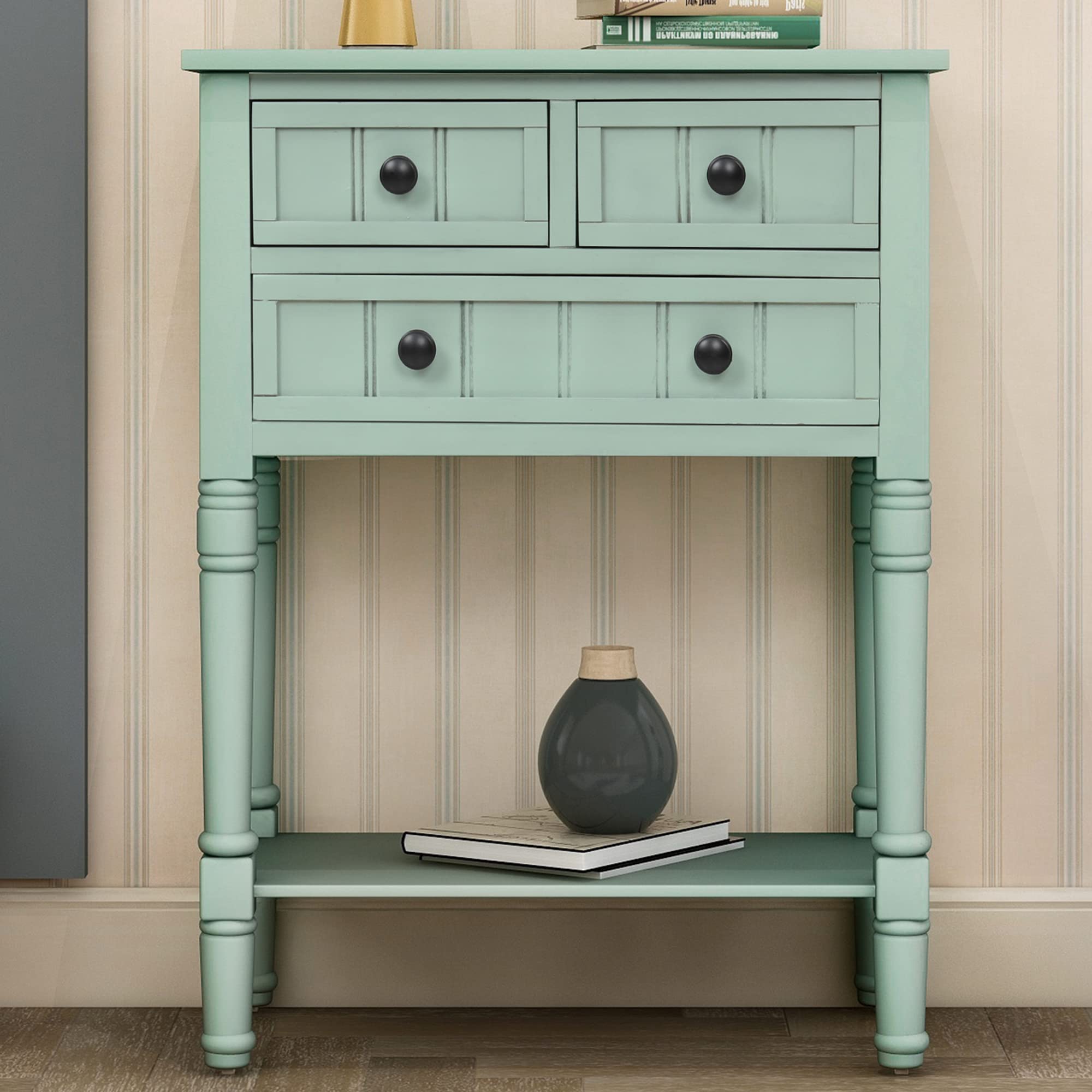 P PURLOVE Retro Blue Wooden Sofa Table with 3 Drawers & Bottom Shelf - Entryway Console Table with Storage for Living Room, Hallway - Easy Assembly Home Furniture (Perfect for Small Spaces, Apartments & Decorating Narrow Areas)