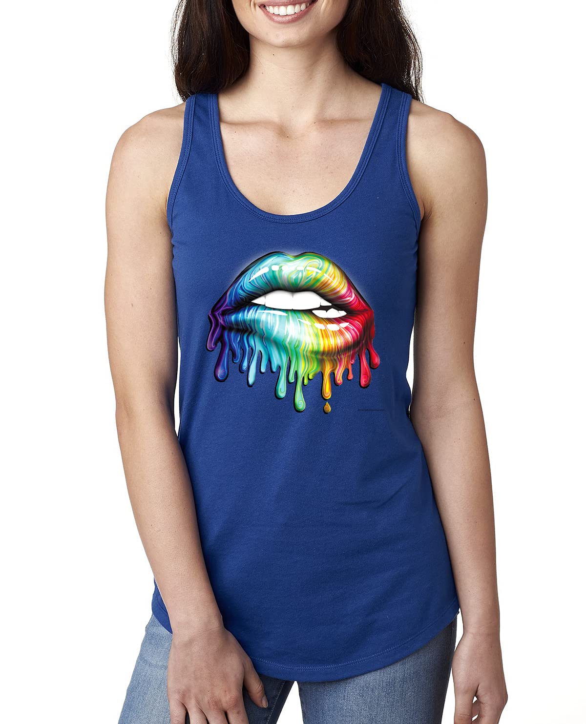 Vibrant Neon Rainbow Biting Lips Pop Culture Women's Racerback Tank Top - Perfect for Music Festivals, Parties & Summer Outfits