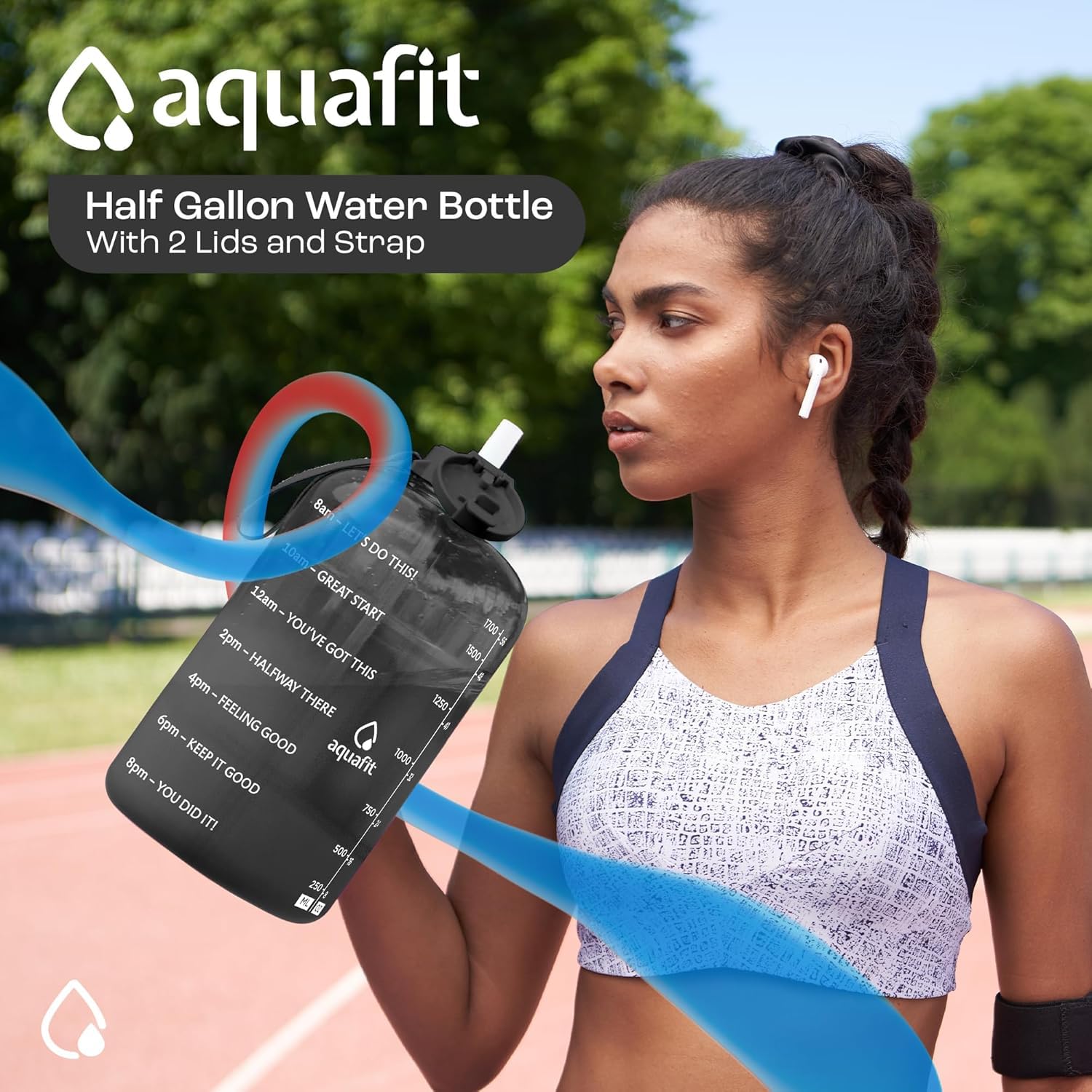 AQUAFIT 64 oz Half Gallon Water Bottle with Straw & Time Marker - Motivational Large Sports Water Jug for Gym, Workout, Hiking & Daily Hydration