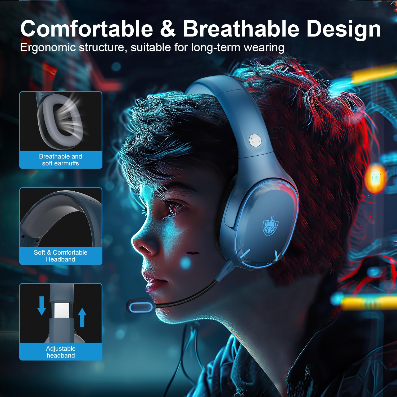 PHOINIKAS 2.4GHz Wireless Gaming Headset for PS5, PS4, PC - Bluetooth 5.3 Headphones with Noise Cancelling Mic, 7.1 Surround Sound, 30+ Hour Battery Life - Compatible with Nintendo Switch, Laptop, Mac (Blue) | Perfect for Competitive Gaming, Streaming & Online Meetings