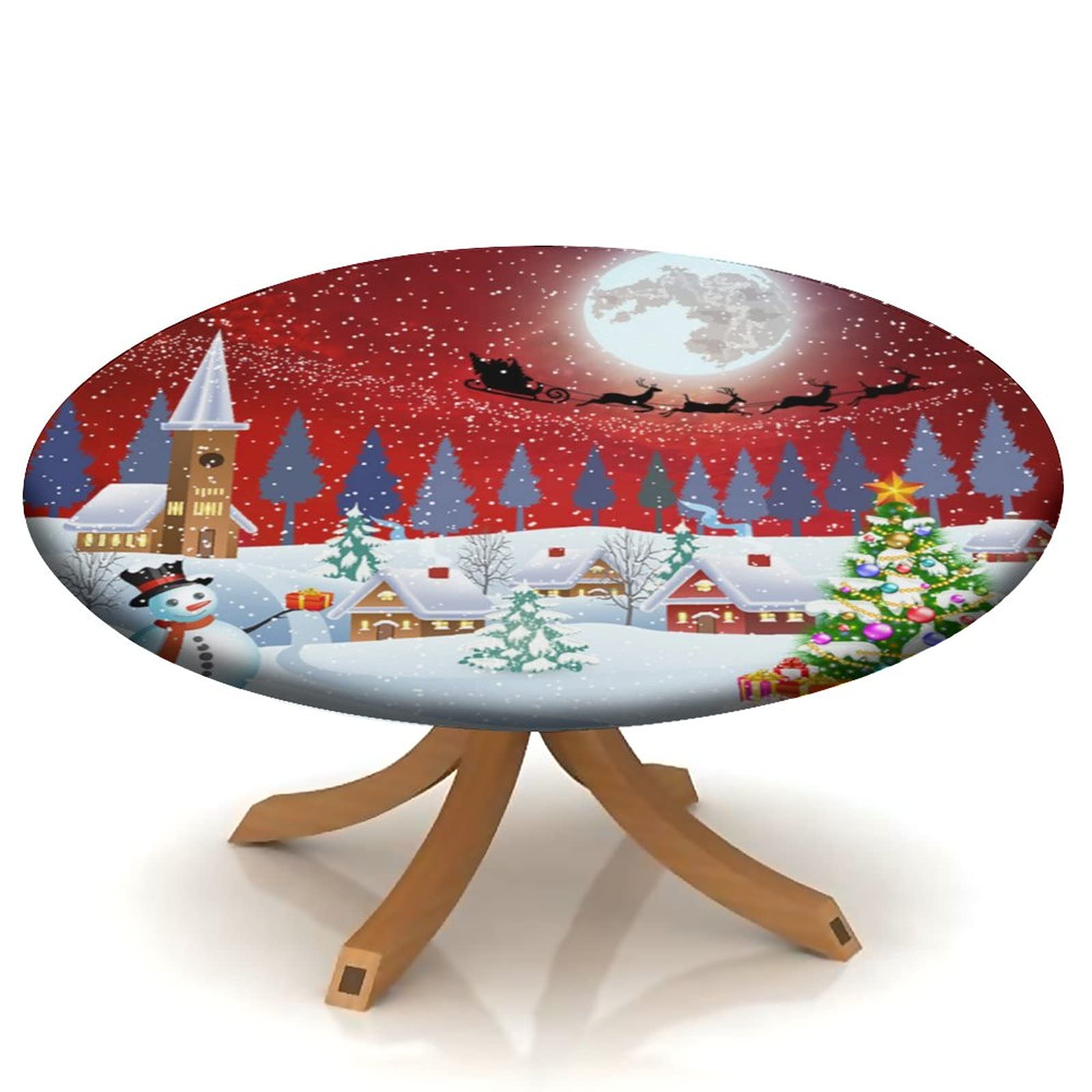 Christmas Round Fitted Tablecloth with Elastic Edge - Holiday Sleigh Design for Indoor & Outdoor Use - Perfect for Kitchen, Patio, Picnic, Party Dining Decor - Fits 40
