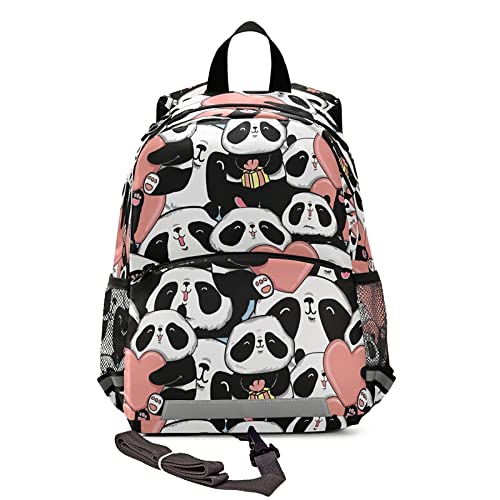 Cute Panda Face Toddler Backpack with Safety Leash for Boys & Girls - Pink Heart Design School Bag for Kindergarten, Preschool & Travel | Reflective Stripes & Chest Clip | Perfect for Daycare, Outdoor Adventures & Daily Use