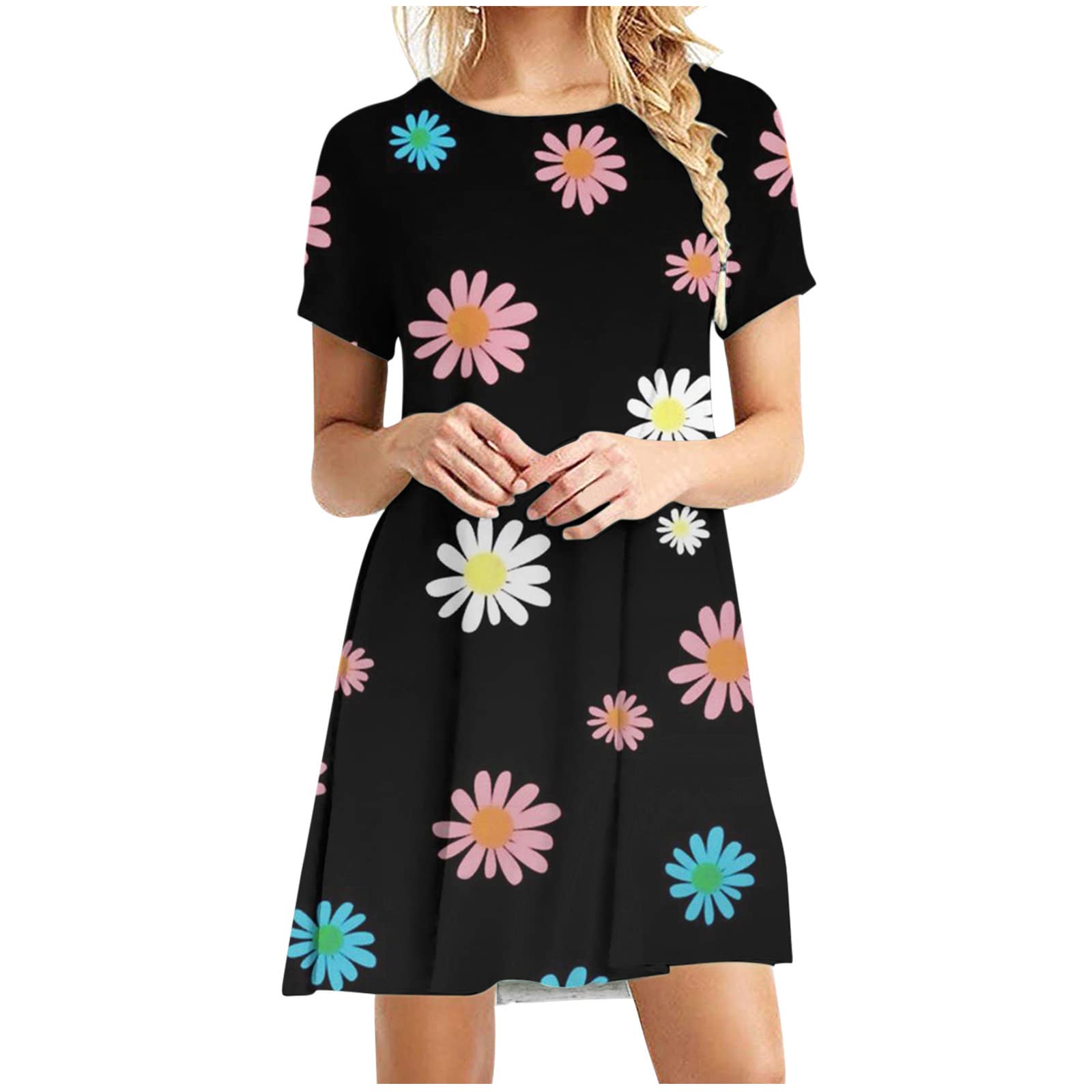 Women's Summer Floral T-Shirt Dress - Casual Boho Mini Sundress with Crewneck & Short Sleeve | Perfect for Beach Vacations, Outdoor Parties & Daily Wear