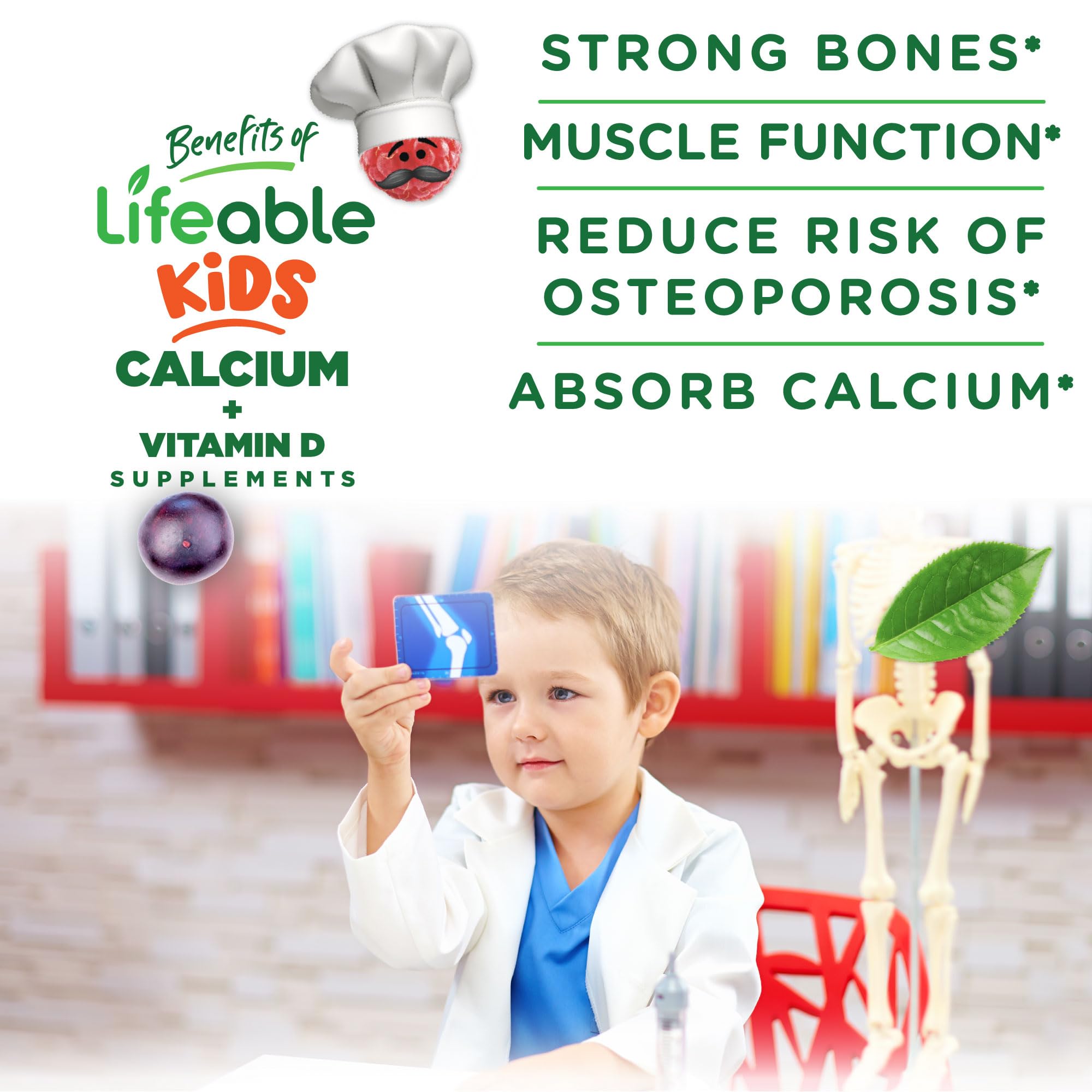Lifeable Kids Calcium Gummies with Vitamin D3 - 500mg Calcium & 1000IU Vitamin D3 Supplement for Strong Bones & Teeth Growth | Delicious Berry Flavor Gummy Vitamins for Children | Perfect for Daily Nutrition & Picky Eaters (60 Count)
