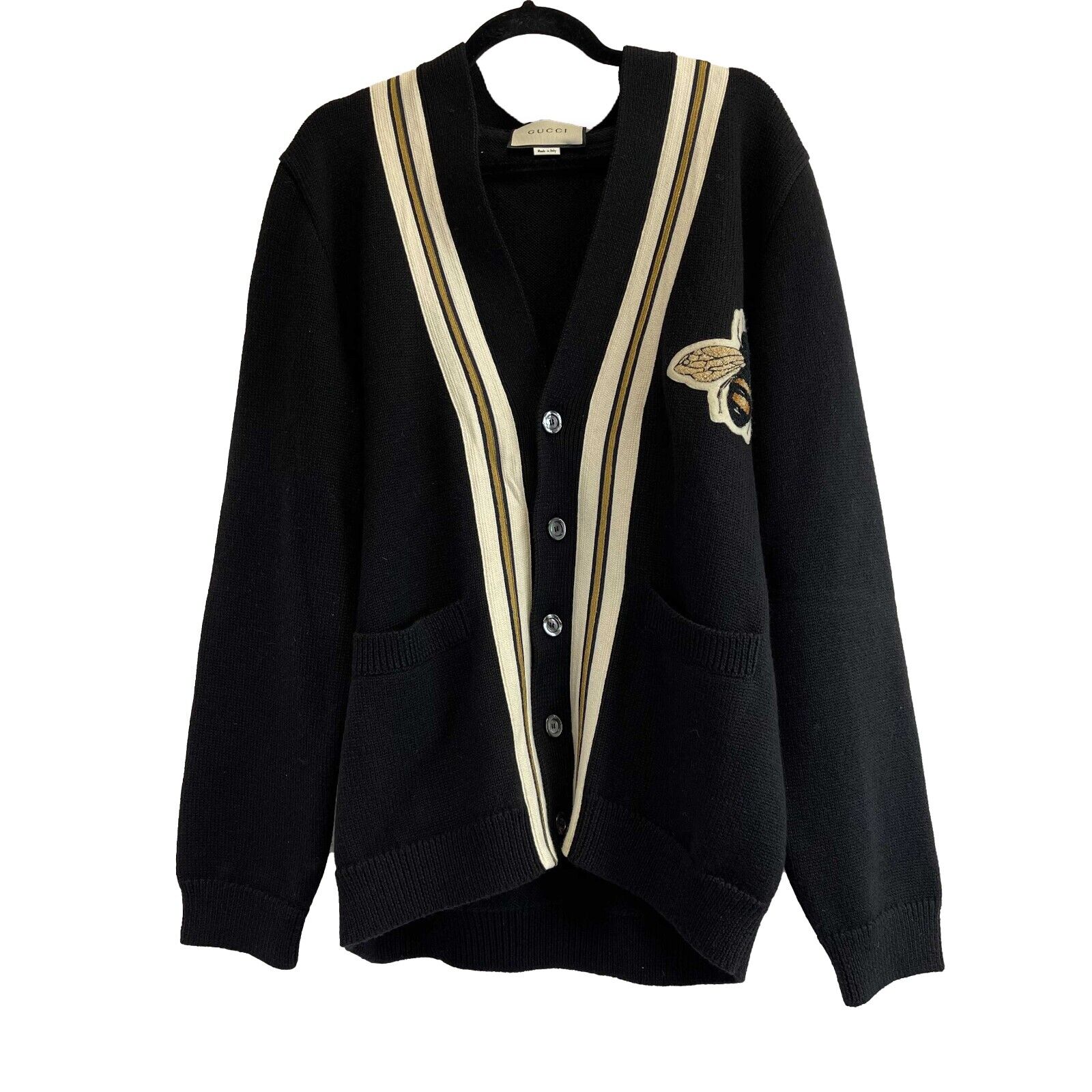 Gucci Black Wool Cardigan with Bee Appliqué - Elegant & Stylish Women's Sweater for Casual Wear & Office Outfits
