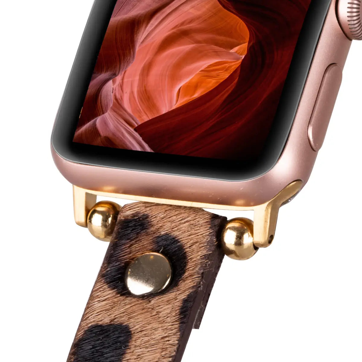 Furry Leopard Print Genuine Leather Ultra Slim Apple Watch Band with Gold Rivets - Stylish & Comfortable for Workouts, Office & Everyday Wear