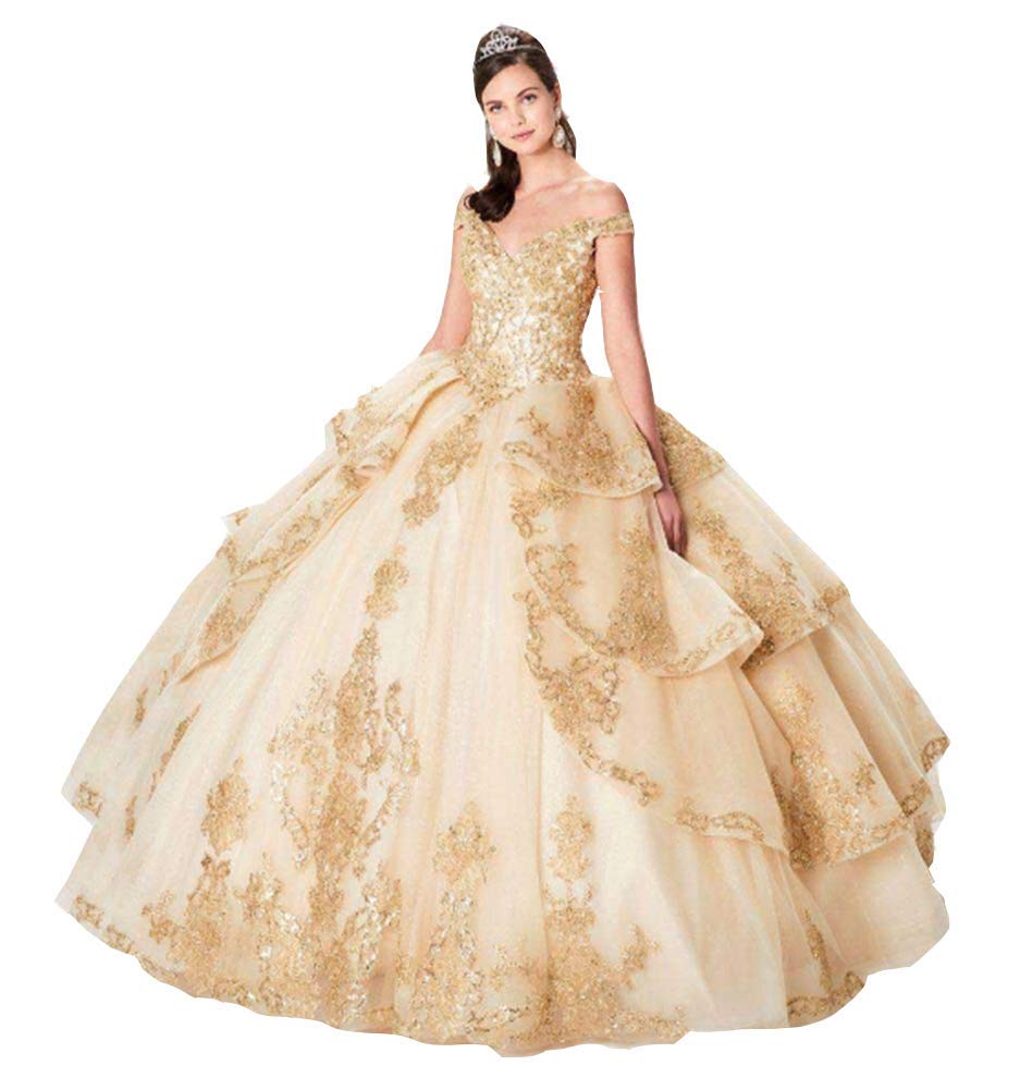 Elegant Off Shoulder Tiered Tulle Quinceanera Dress with Gold Lace Applique & Sequins - Princess Ball Gown for Women's Formal Events, Prom, Wedding & Special Occasions