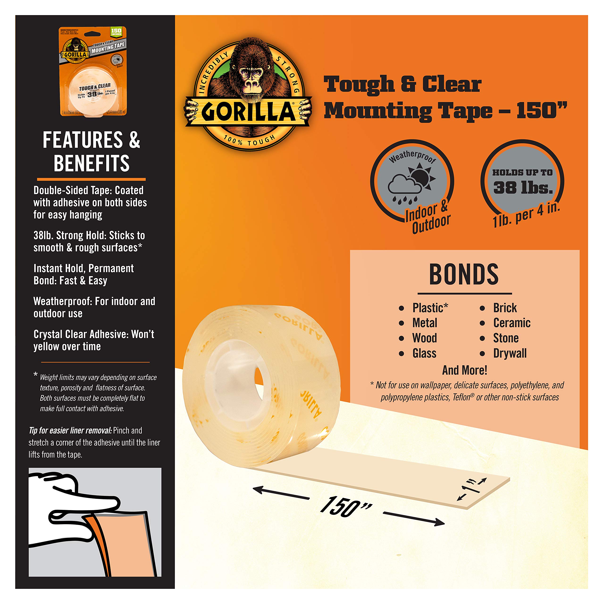 Gorilla Tough & Clear Double Sided XL Mounting Tape - Ultra Strong Adhesive for Instant Hold | Weatherproof 1
