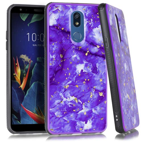 Premium Chrome Flake Marble Phone Case for LG Harmony 3 LMX420CS & LG Solo L423DL 4G LTE - Shockproof Protective Cover with Gift Stand (Purple) - Perfect for Work, Travel & Everyday Use