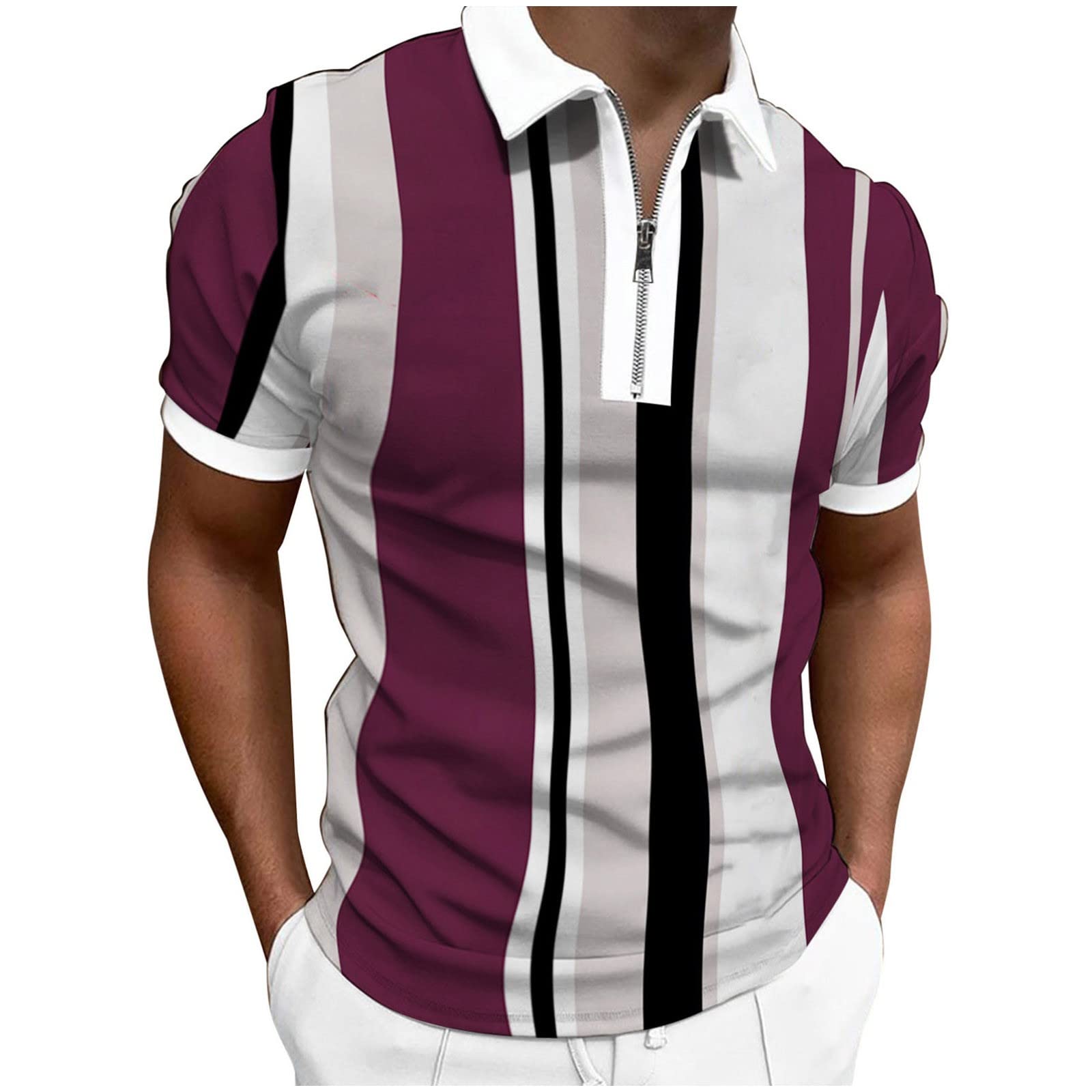 Men's Short Sleeve Zipper Polo Shirts - Casual Regular Fit Floral Collar Golf Shirt for Work, Office & Outdoor Activities | Breathable Comfort for Summer & Spring